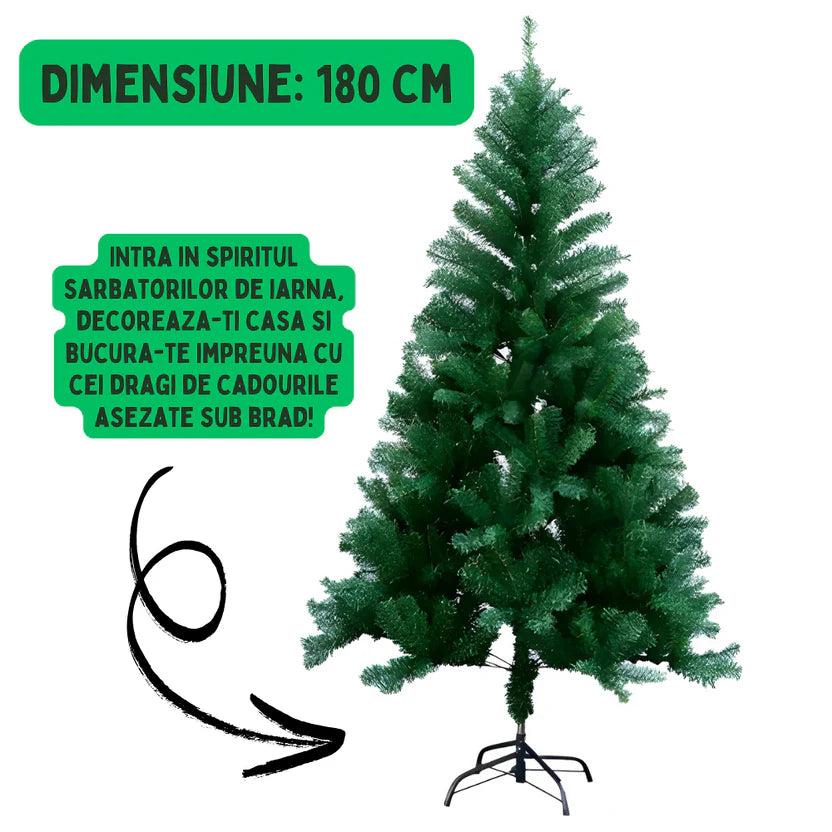 Brad Artificial 1.80m cu 45 Decorațiuni Incluse, Instalație LED 10m, Globuri și Fundițe, Suport Metalic Inclus