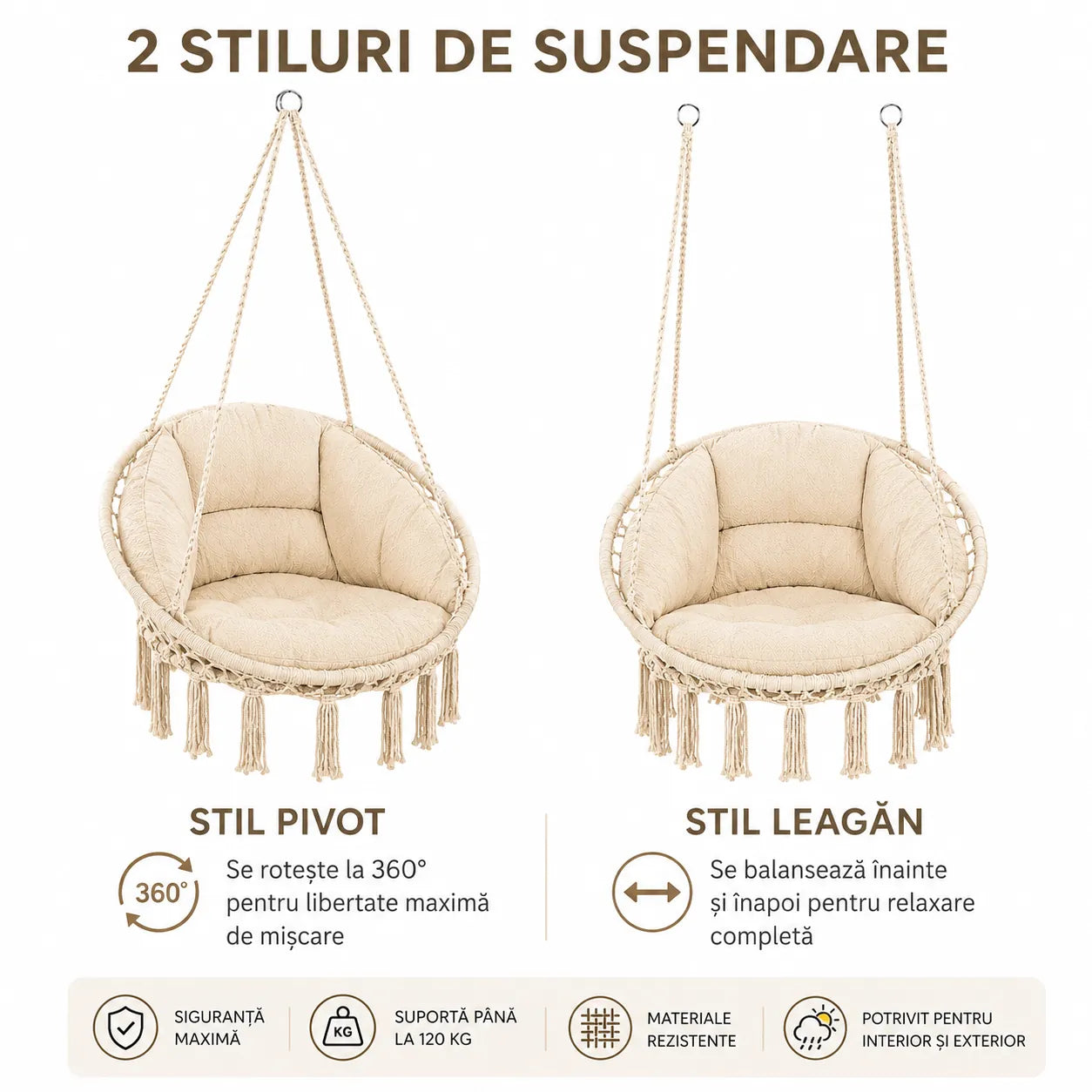 Locul Tău Preferat de Relaxare – Scaun Suspendat Rotund cu Pernă Confortabilă