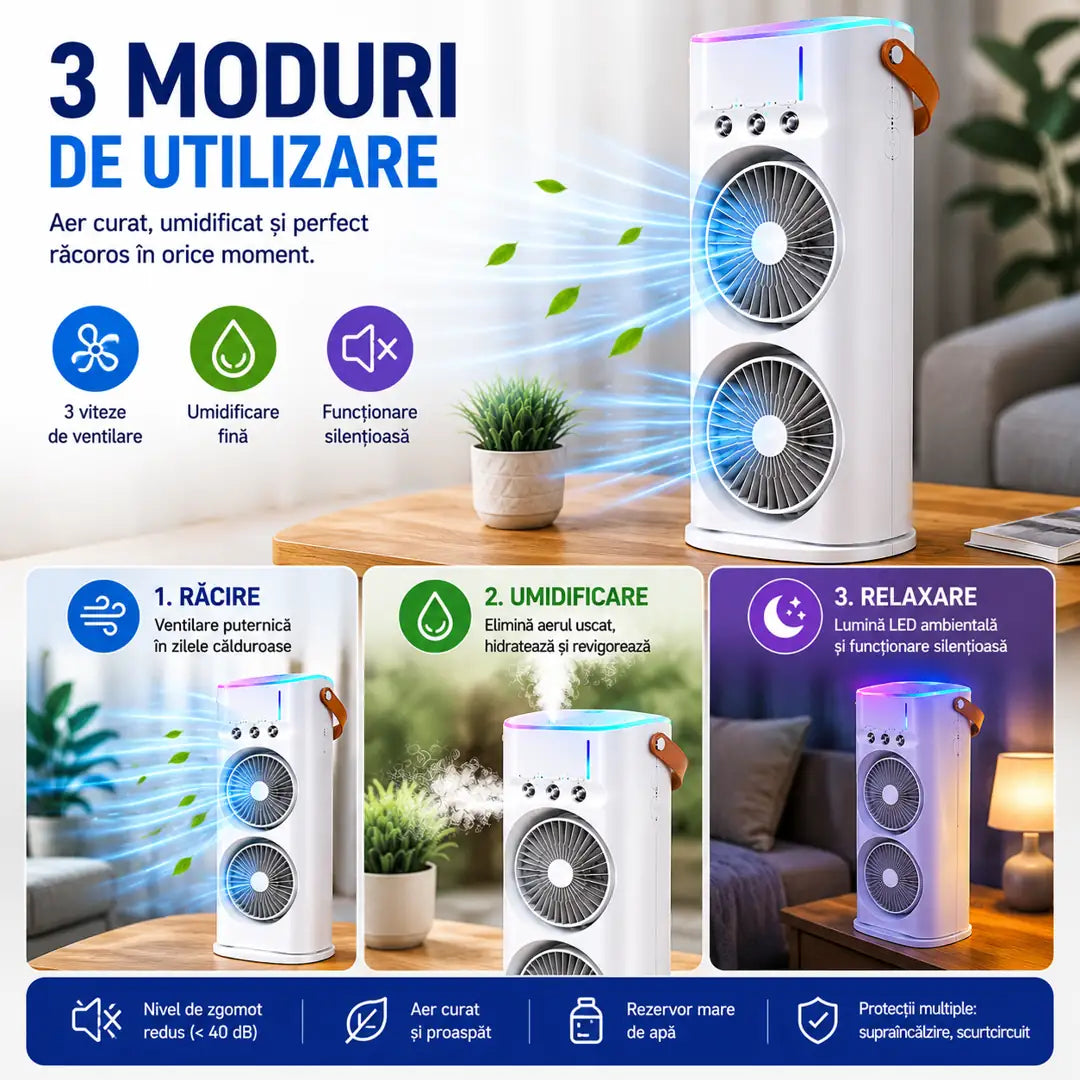 ❄️ Aer Răcoros și Confort Maxim – Ventilator Portabil cu Umidificator și Telecomandă
