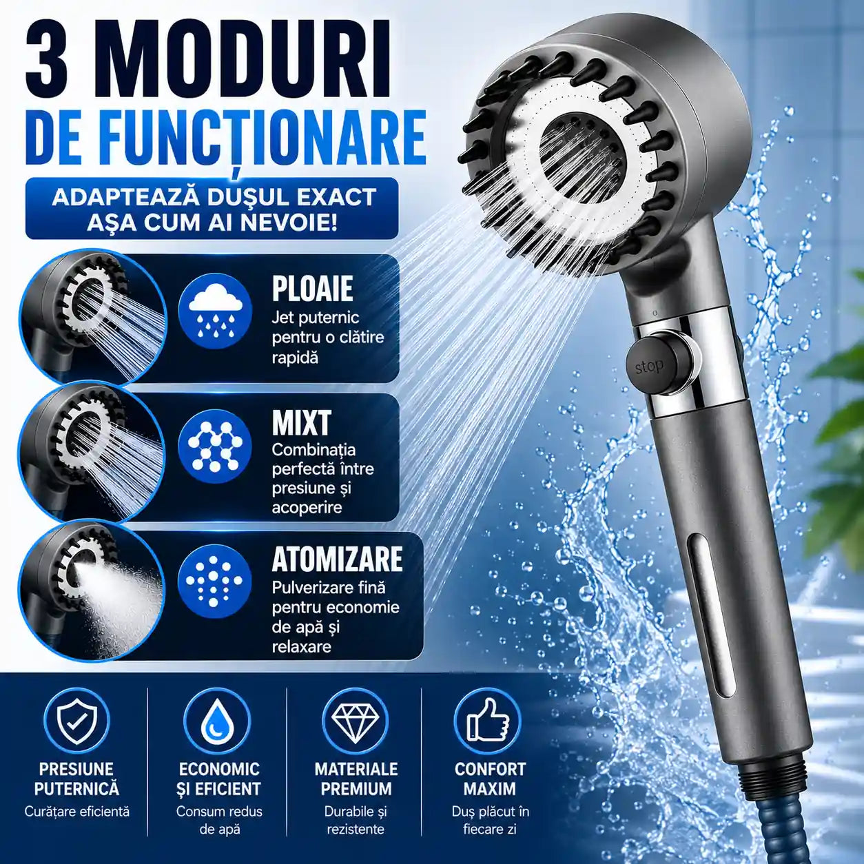 Presiune puternică chiar și la debit redus! – Cap de duș cu 3 funcții, presiune ridicată, filtru și granule minerale active