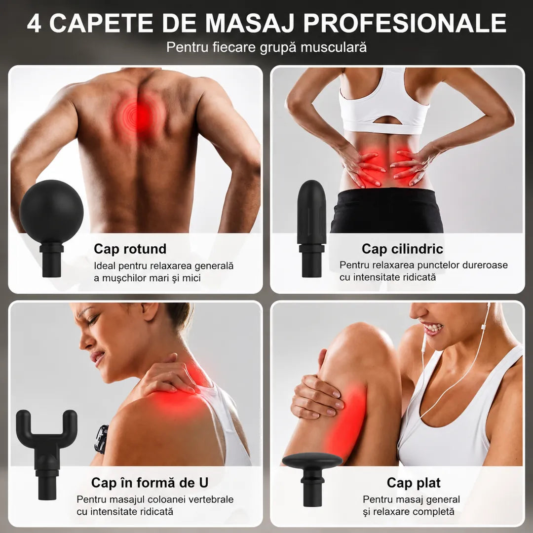 Adio tensiune musculară! – Aparat de Masaj Percutant cu 9 Viteze, 4 Capete și Mâner Ergonomic