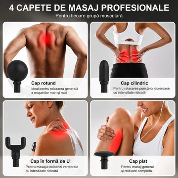Adio tensiune musculară! – Aparat de Masaj Percutant cu 9 Viteze, 4 Capete și Mâner Ergonomic