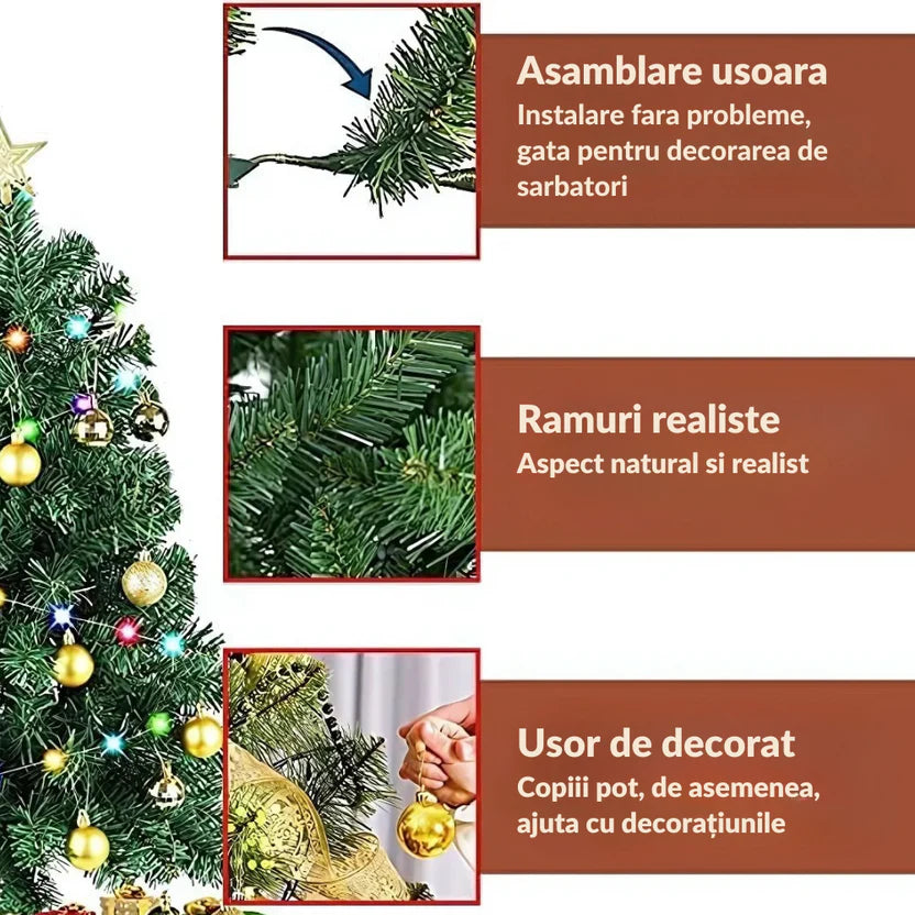 Brad Artificial 1.80m cu 45 Decorațiuni Incluse, Instalație LED 10m, Globuri și Fundițe, Suport Metalic Inclus