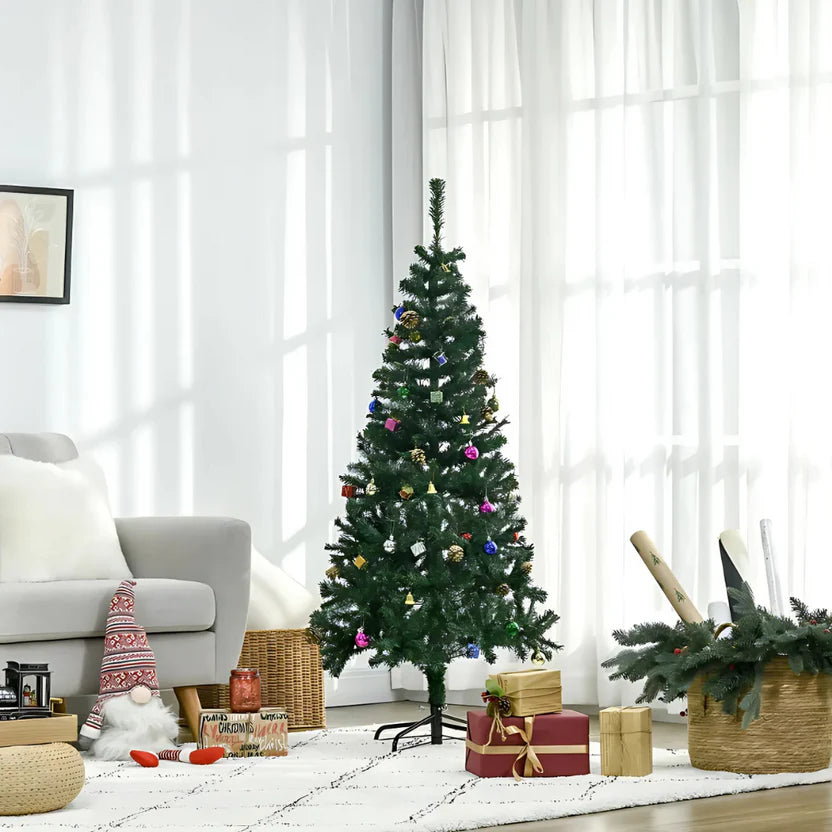 Brad Artificial 1.80m cu 45 Decorațiuni Incluse, Instalație LED 10m, Globuri și Fundițe, Suport Metalic Inclus