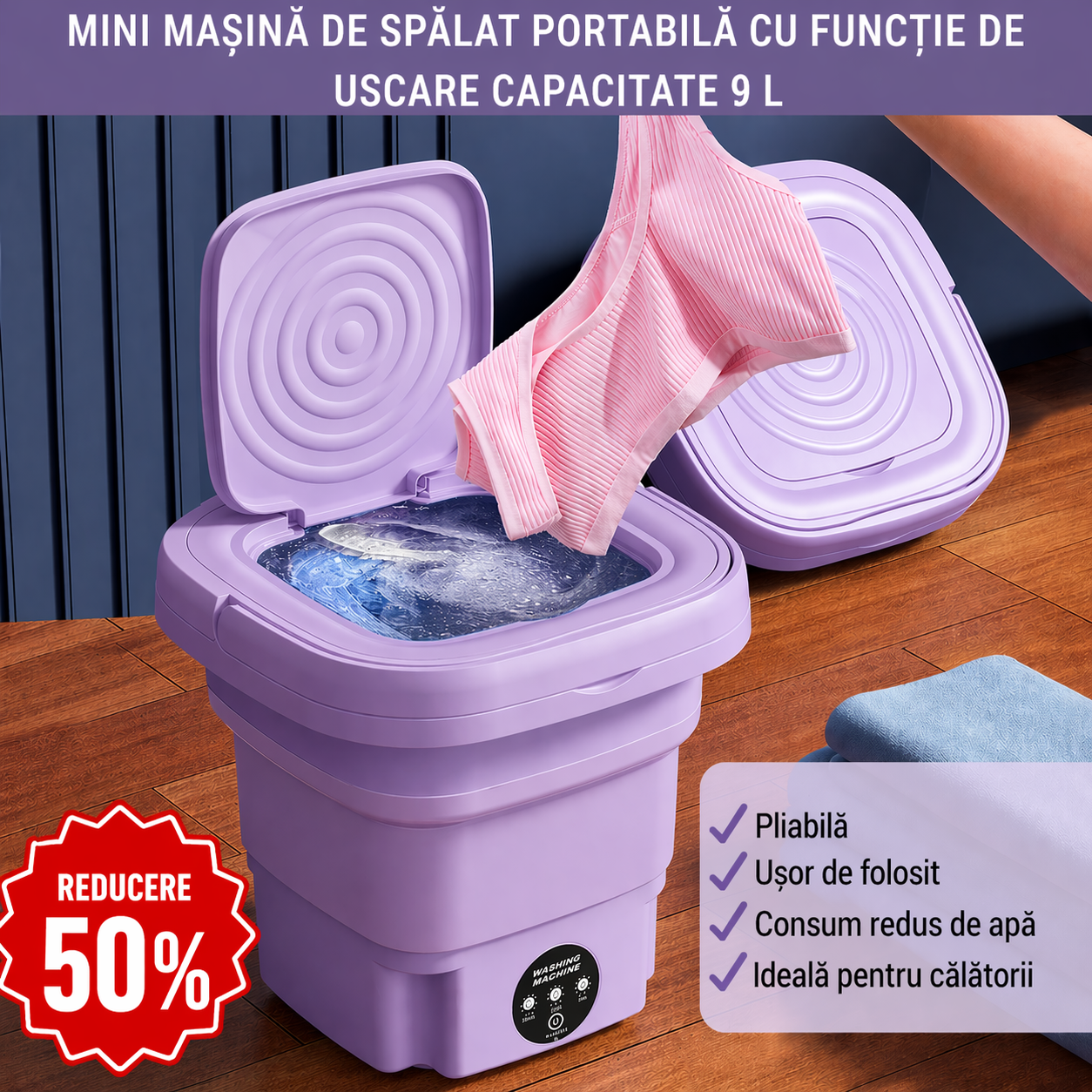 Mașină de Spălat Portabilă 9 L cu Funcție de Uscare - Pliabilă, Practică și Ușor de folosit