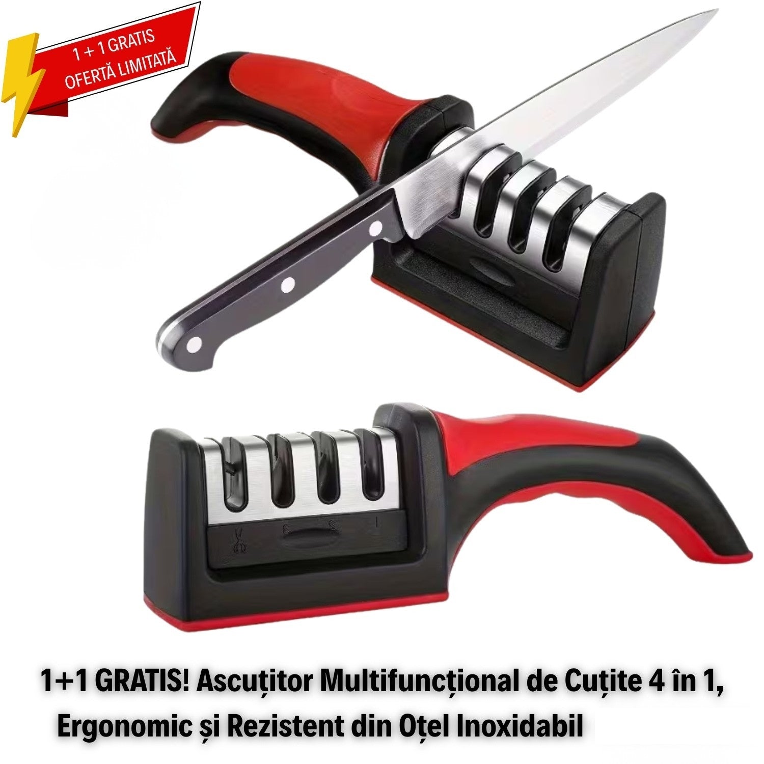 1+1 GRATIS! Ascuțitor din Oțel Inoxidabil de Cuțite 4-ÎN-1