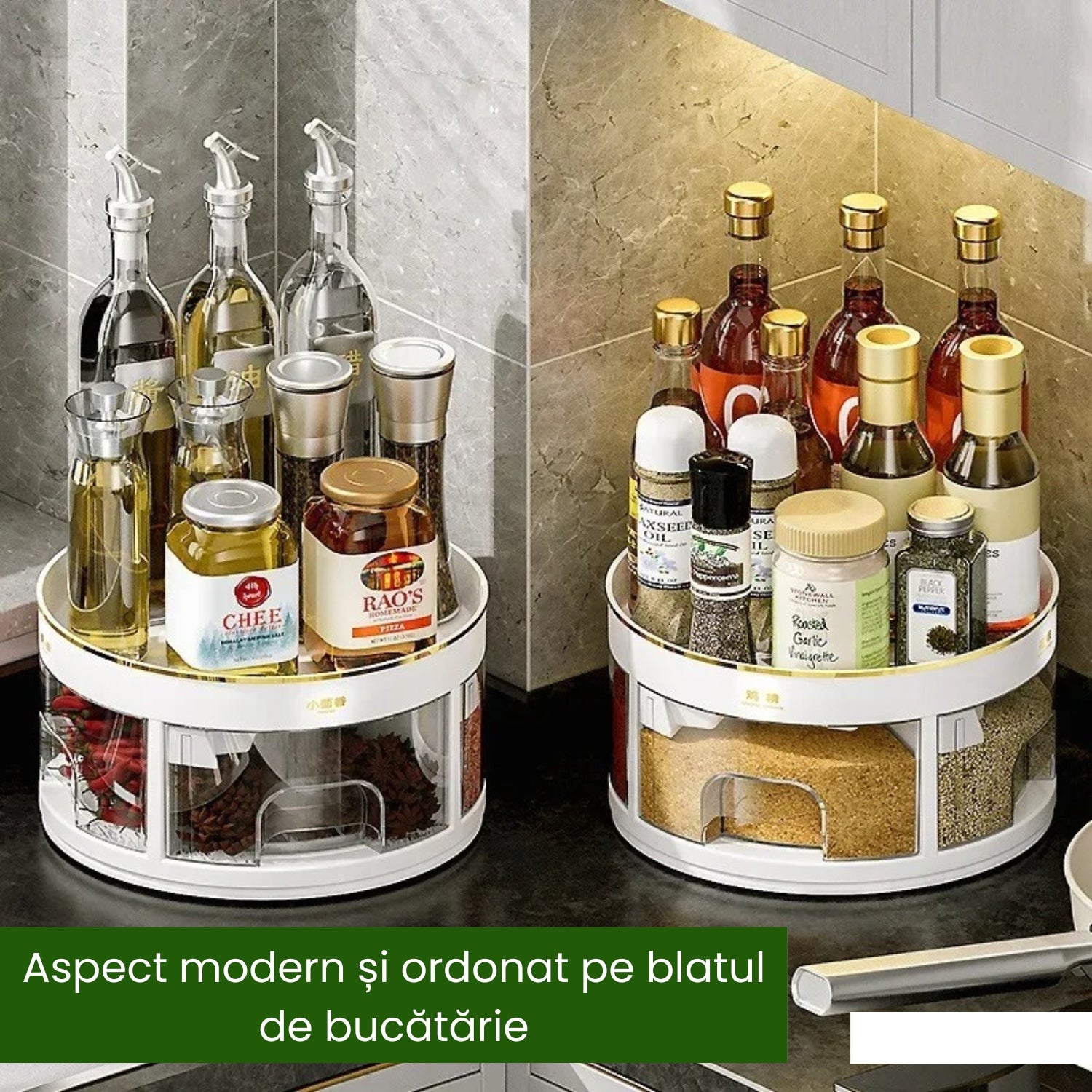 Organizator Rotativ pentru Bucătărie cu Sertare de Condimente și 4 Lingurițe + CADOU SURPRIZĂ