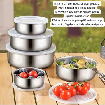 1+1 GRATIS! Set 5 Boluri din Inox cu Capac Etanș - Păstrează prospețimea alimentelor