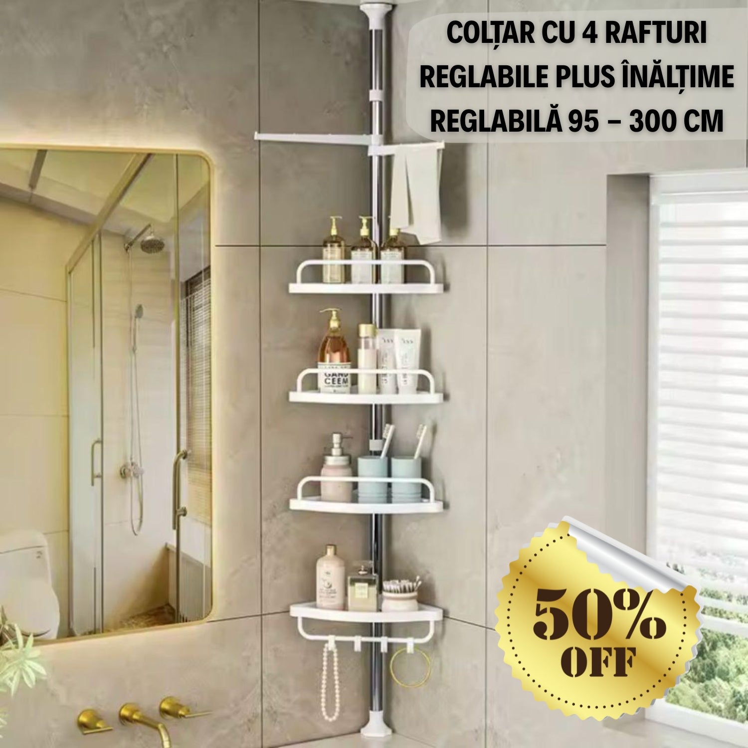 COLȚAR CU 4 RAFTURI REGLABILE PLUS ÎNĂLȚIME REGLABILĂ 95 - 300 CM