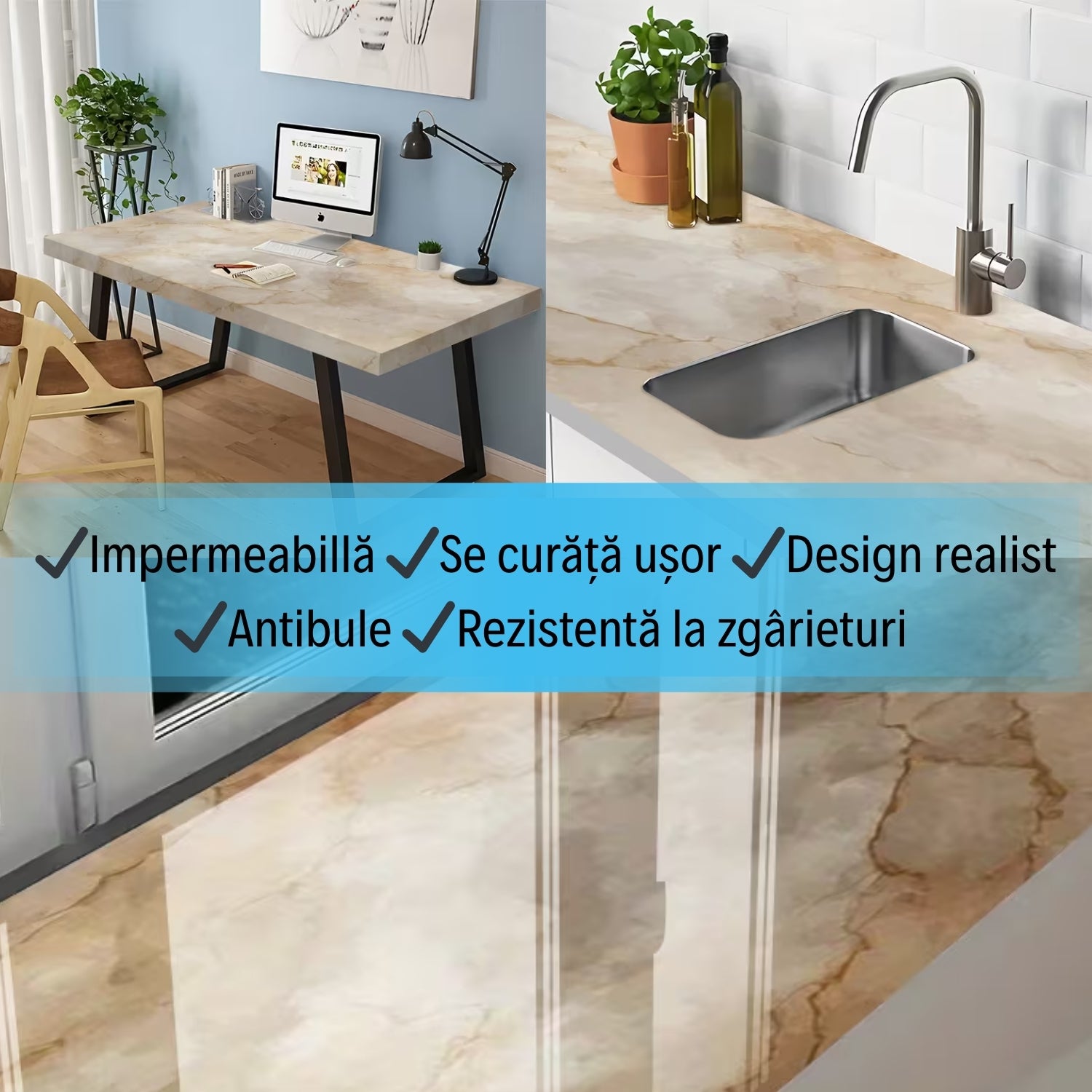 Folie de Protecție Autocolantă tip Marmură Crem/Negru 60 x 300 CM