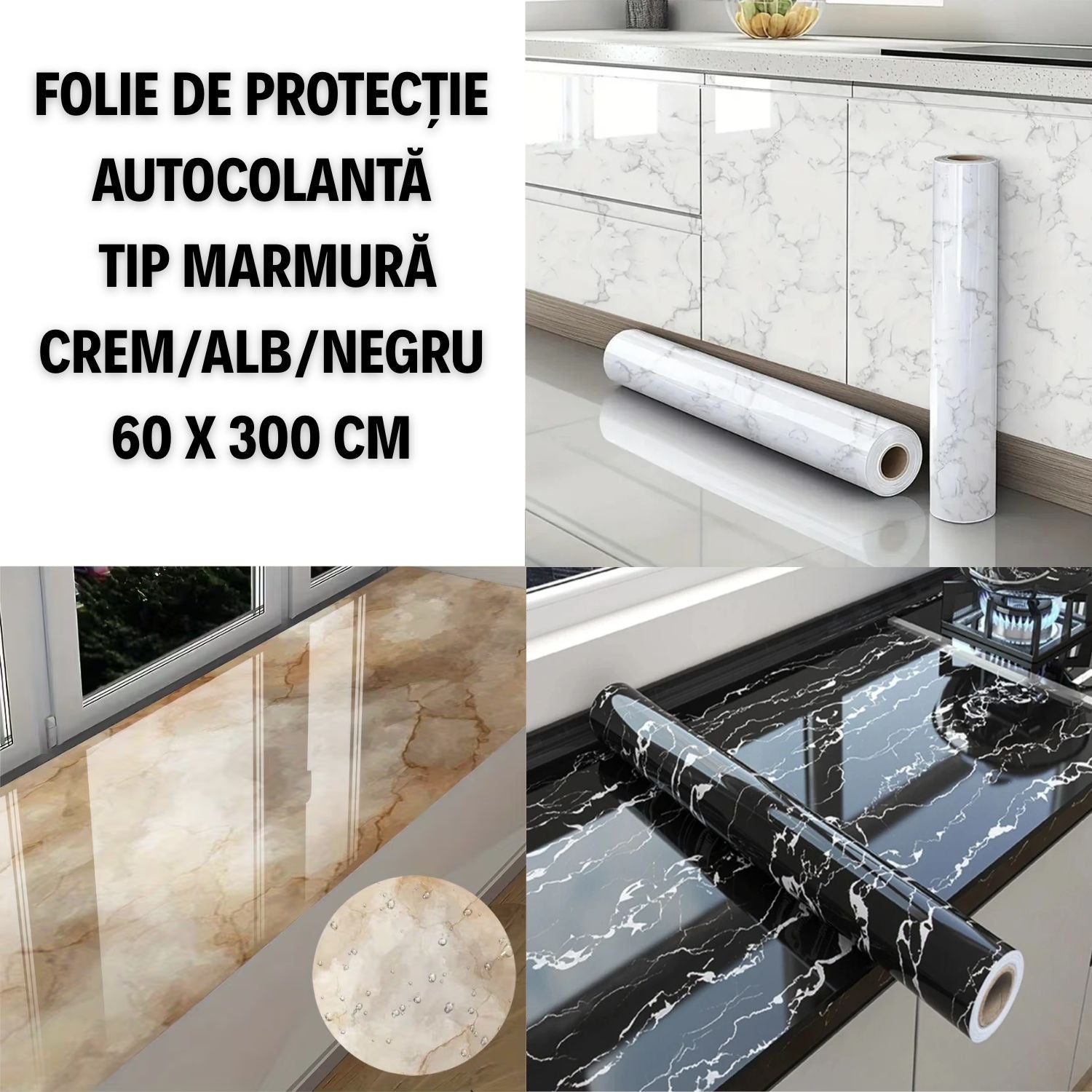 Folie de Protecție Autocolantă tip Marmură Crem/Negru 60 x 300 CM