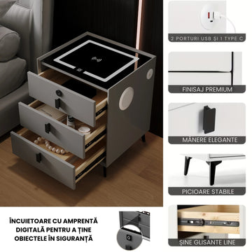 Noptieră Inteligentă Premium cu Lumini LED, Boxă Bluetooth și Încărcare Wireless/USB/Type C și Încuietoare cu Amprentă