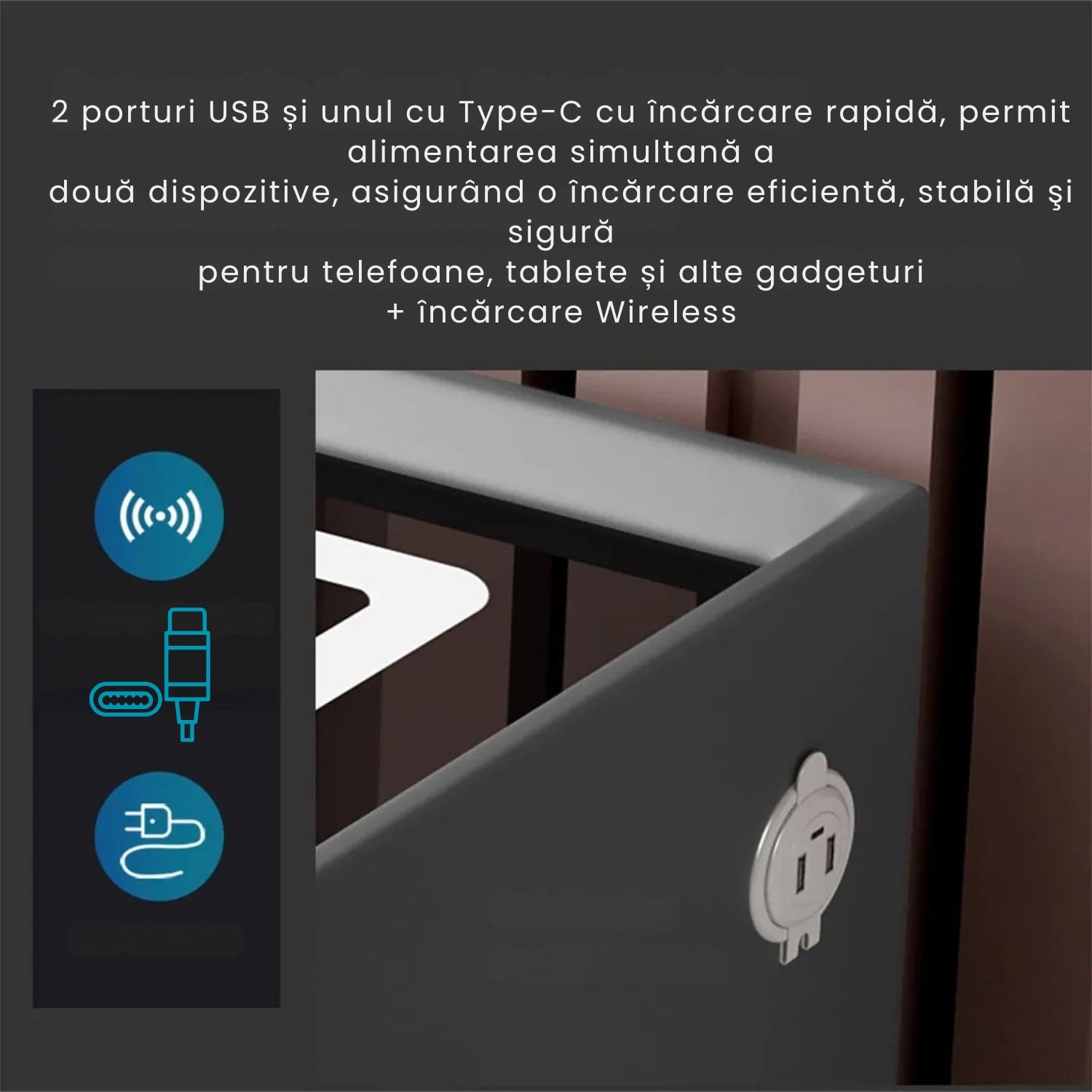 Noptieră Inteligentă Premium cu Lumini LED, Boxă Bluetooth și Încărcare Wireless/USB/Type C și Încuietoare cu Amprentă