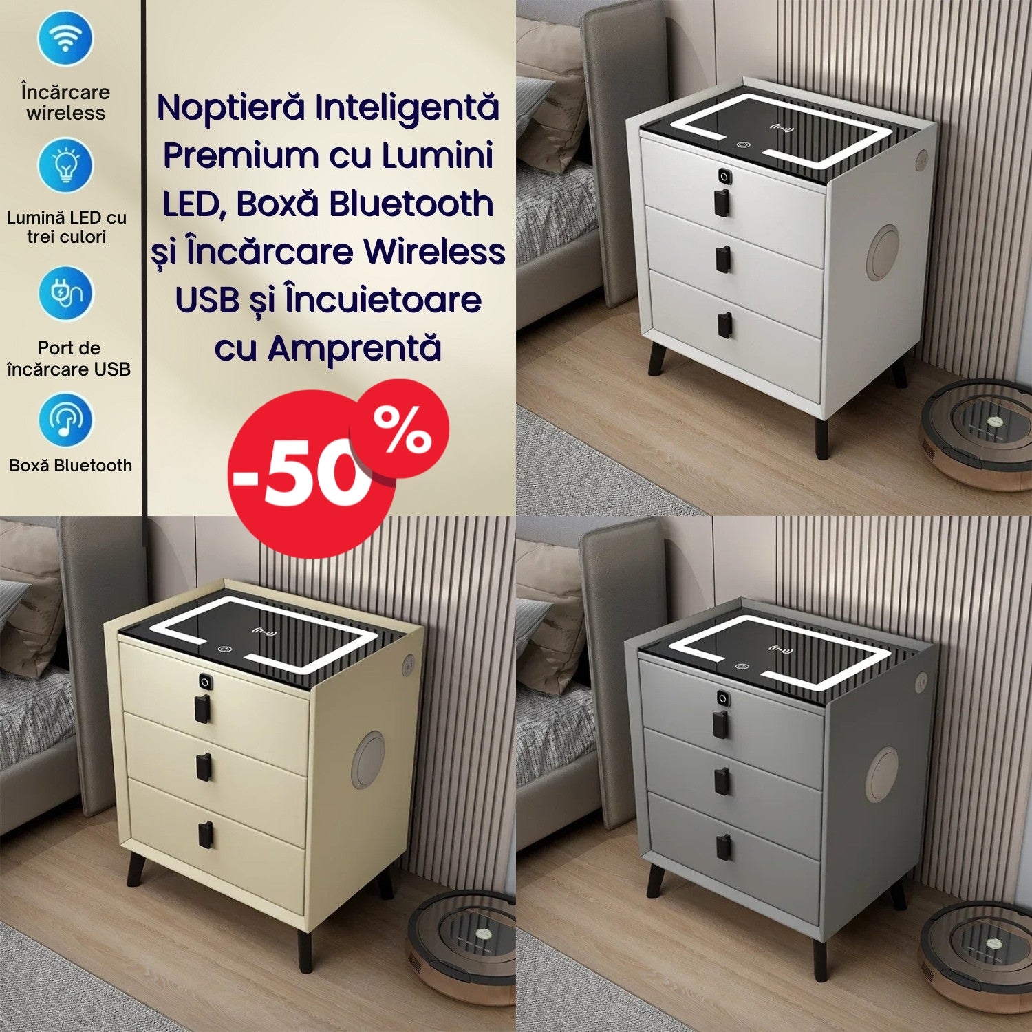 Noptieră Inteligentă Premium cu Lumini LED, Boxă Bluetooth și Încărcare Wireless/USB/Type C și Încuietoare cu Amprentă
