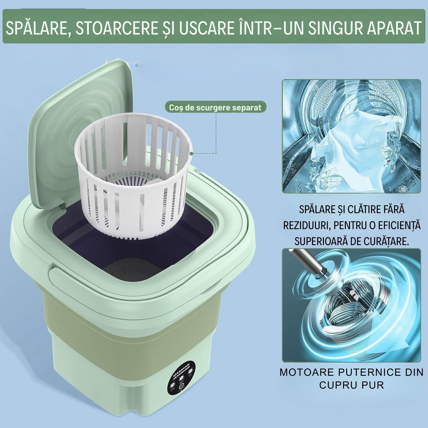 Mini Mașină de Spălat Portabilă 6.5 L cu Funcție de Uscare - Pliabilă, Practică și Ușor de folosit