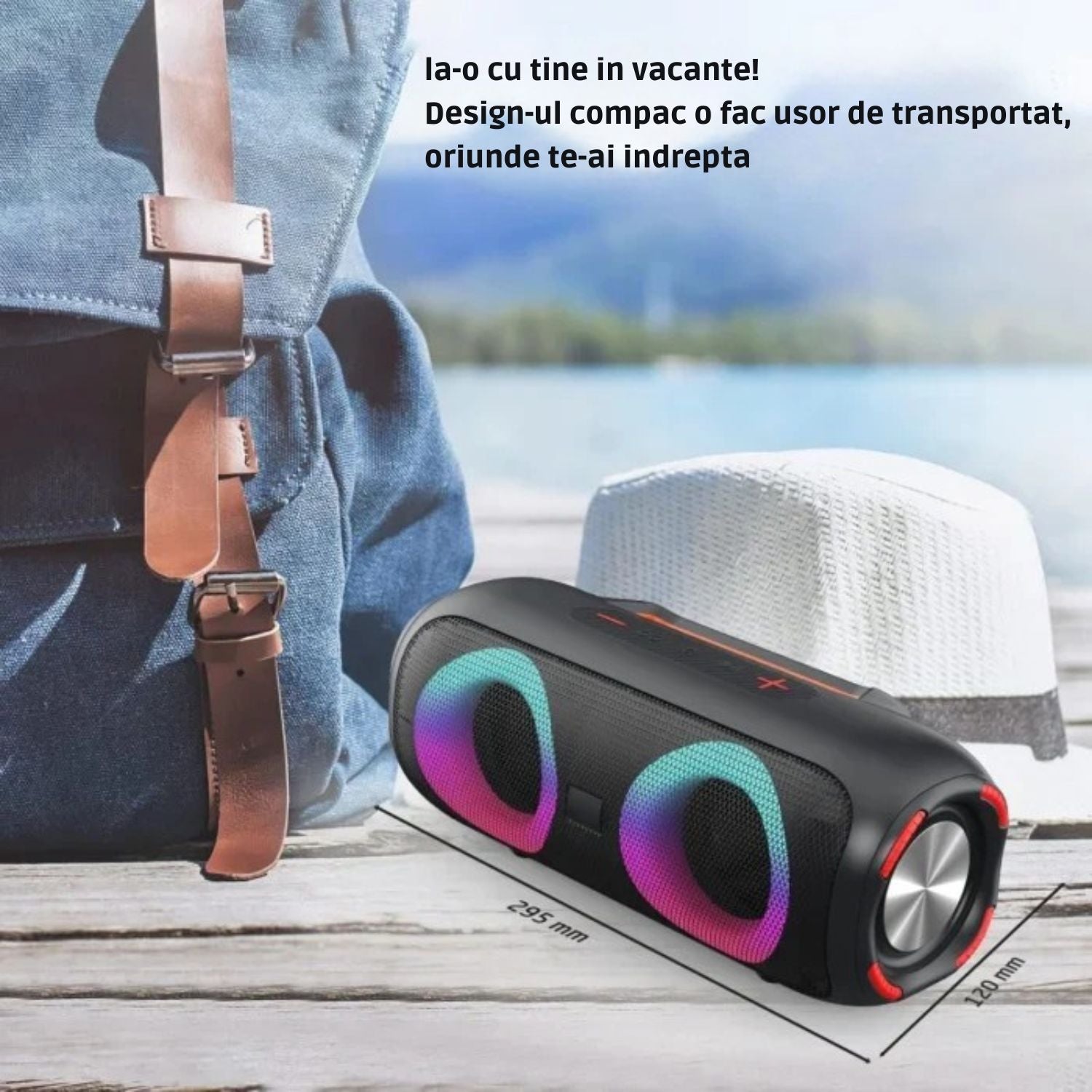 Boxă Portabilă Bluetooth 4000mAH, Lumini RGB Conexiune USB, Auxiliar, Card SD, Radio, 30W