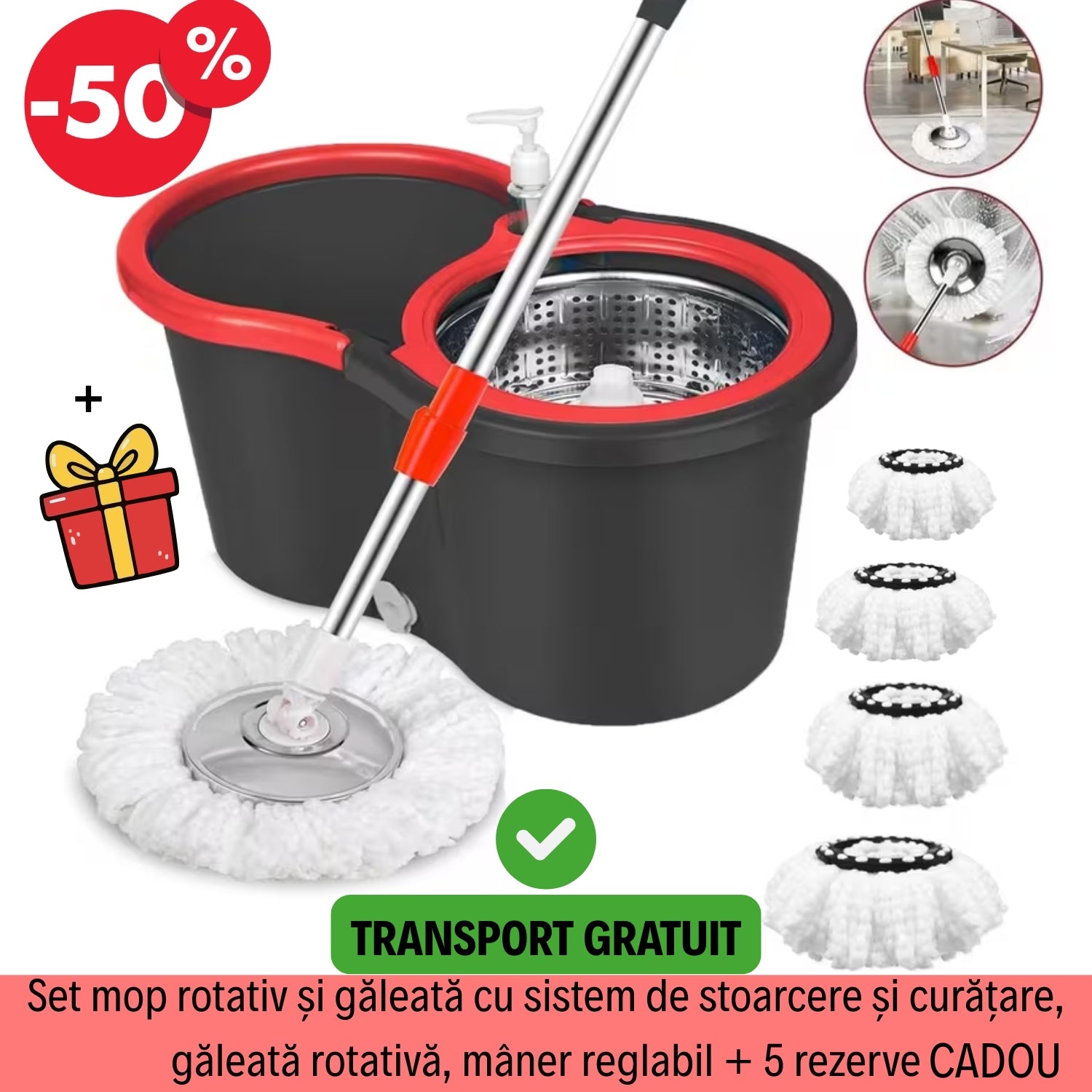 Set Mop Rotativ și Găleată cu Sistem de Stoarcere și Curățare, Găleată Rotativă, Mâner Reglabil + 5 Rezerve CADOU