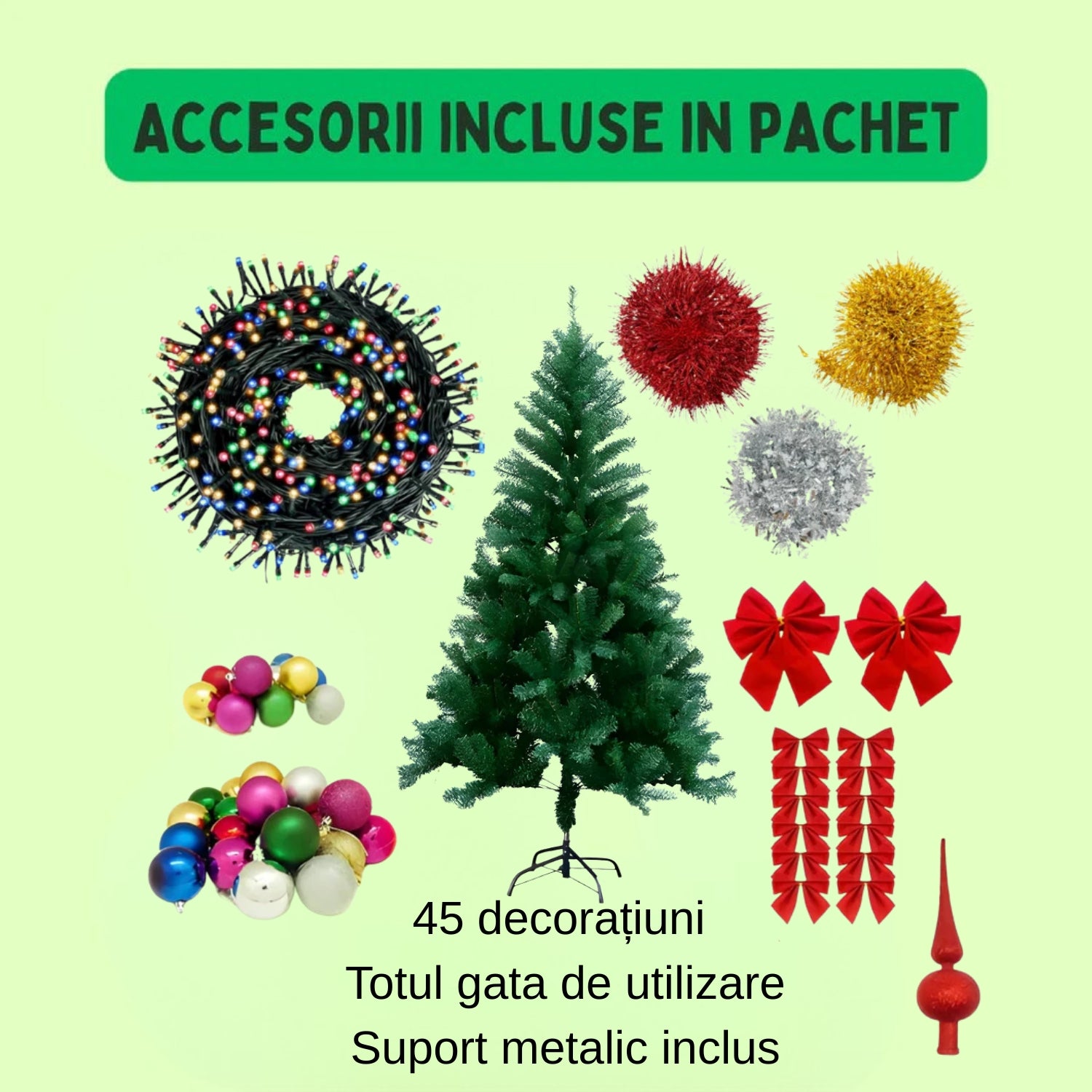 Brad Artificial 1.80m cu 45 Decorațiuni Incluse, Instalație LED 10m, Globuri și Fundițe, Suport Metalic Inclus