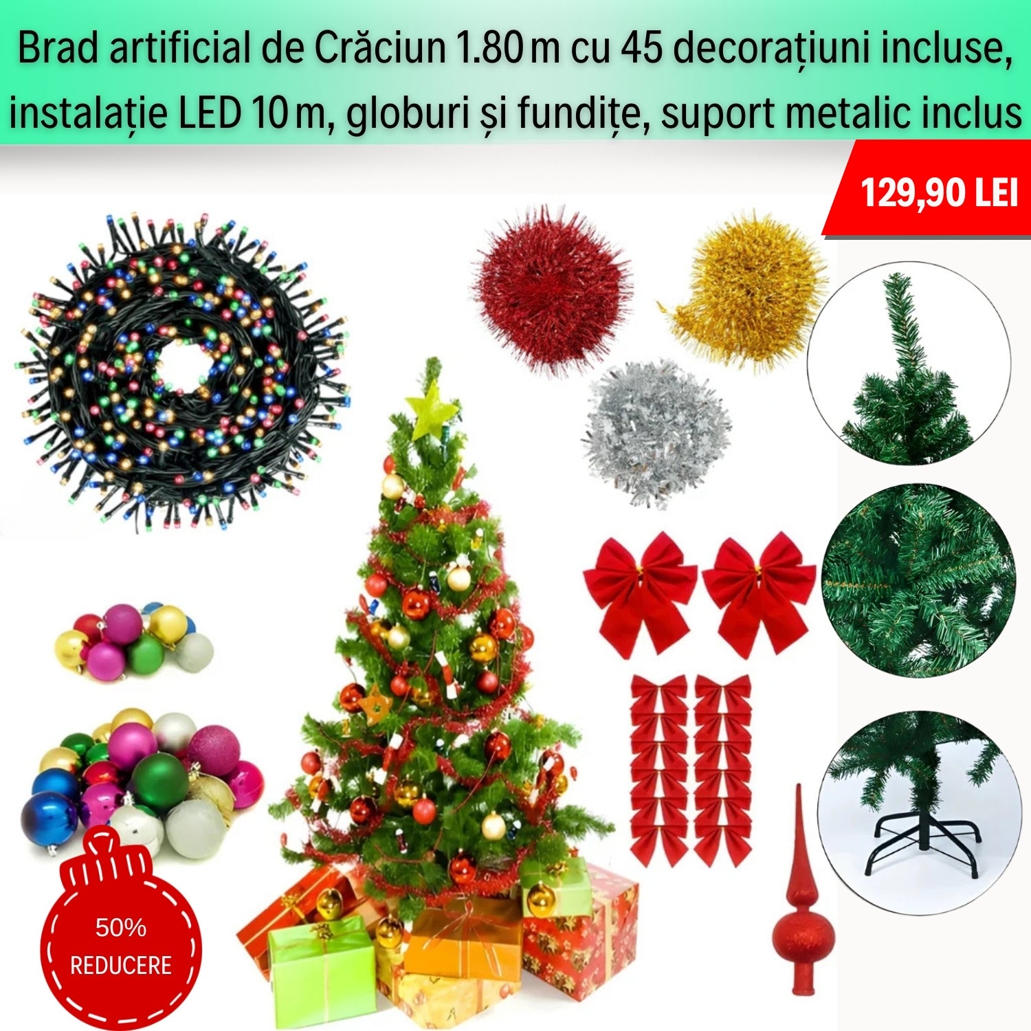 Brad Artificial 1.80m cu 45 Decorațiuni Incluse, Instalație LED 10m, Globuri și Fundițe, Suport Metalic Inclus