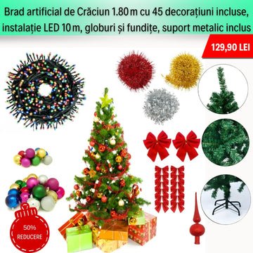 Brad Artificial 1.80m cu 45 Decorațiuni Incluse, Instalație LED 10m, Globuri și Fundițe, Suport Metalic Inclus