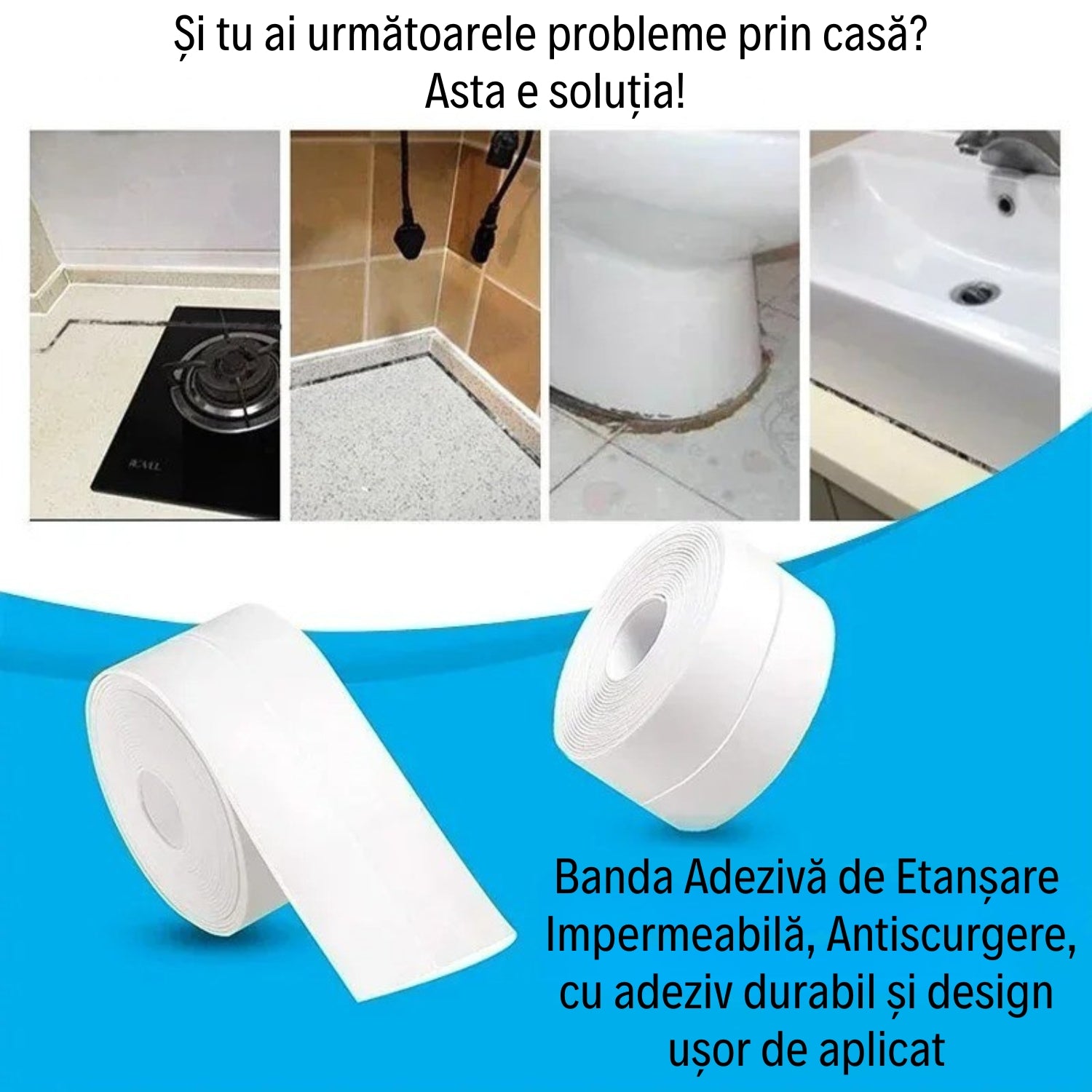 1 + 1 Gratis! Bandă Adezivă de Etanșare Impermeabilă, Antiscurgere cu Adeziv Durabil și Design ușor de aplicat cu dimensiuni 3,8 cm lățime și 3,2M Lungime