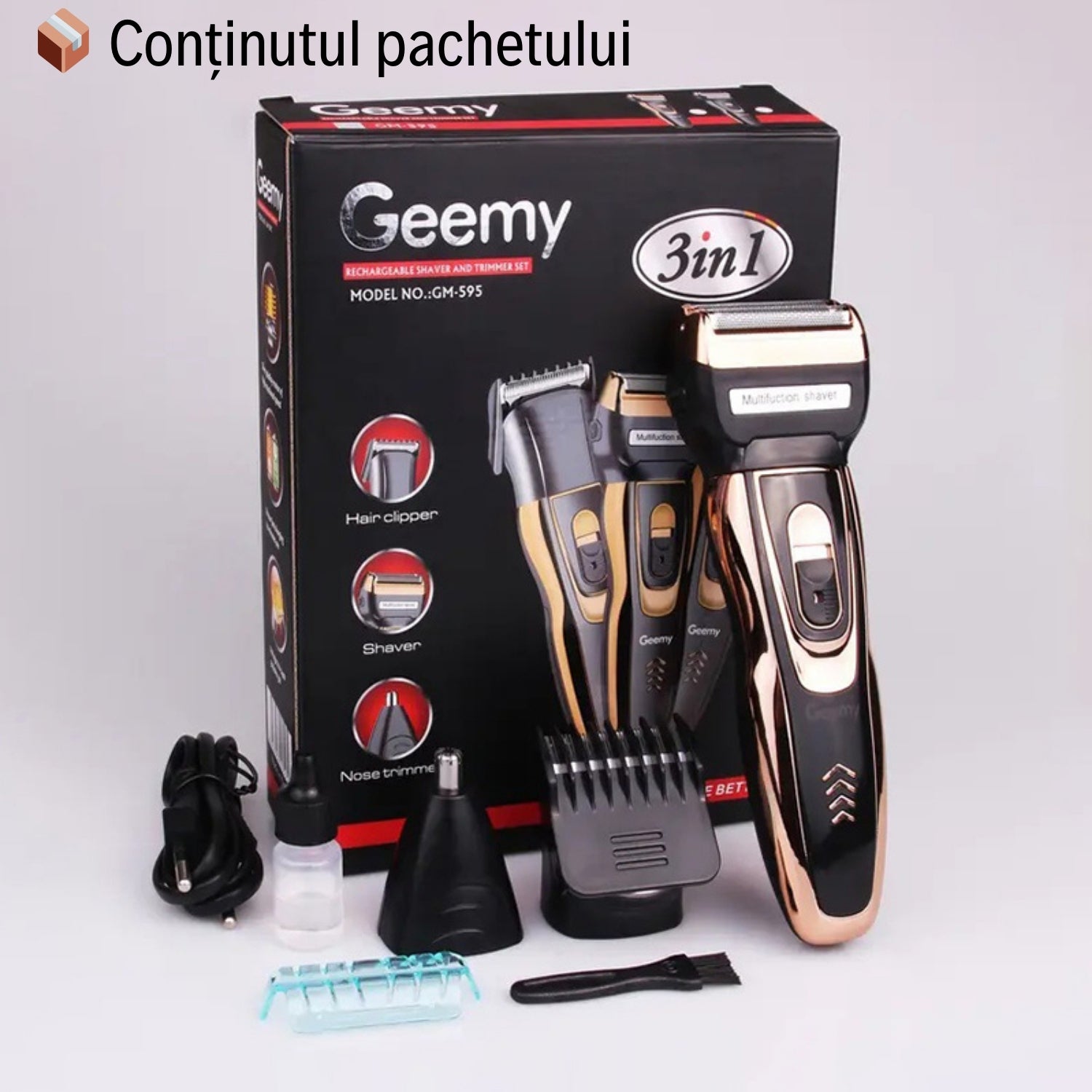 Aparat de Tuns și Ras Profesional 3 în 1 – Trimmer Precizie, Shaver și Cap pentru Părul din Nas