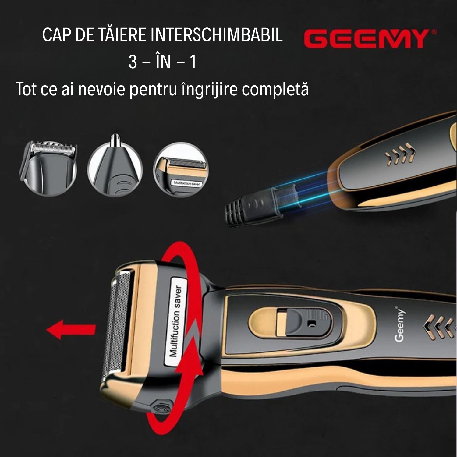 Aparat de Tuns și Ras Profesional 3 în 1 – Trimmer Precizie, Shaver și Cap pentru Părul din Nas