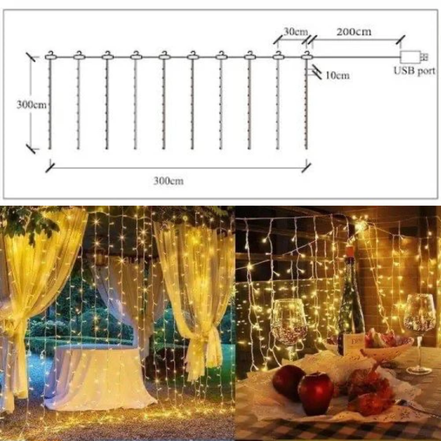 1+1 GRATIS! Instalație tip perdea LED 3M x 3M - ALB CALD, 300 LED-uri, Telecomandă, 8 Moduri de Iluminare