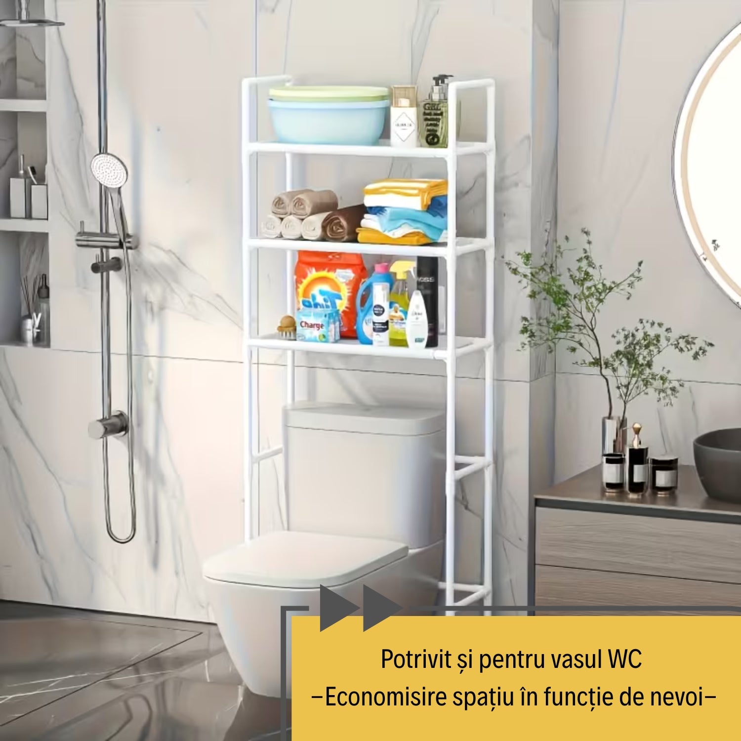 Raft Organizator pentru Baie, Compatibil cu Mașina de Spălat/Vasul WC, 3 Polițe Spațioase + CADOU SURPRIZĂ