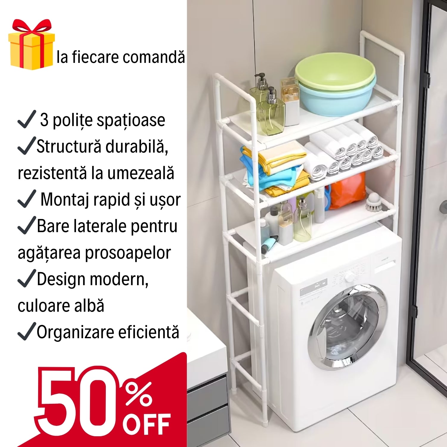 Raft Organizator pentru Baie, Compatibil cu Mașina de Spălat/Vasul WC, 3 Polițe Spațioase + CADOU SURPRIZĂ
