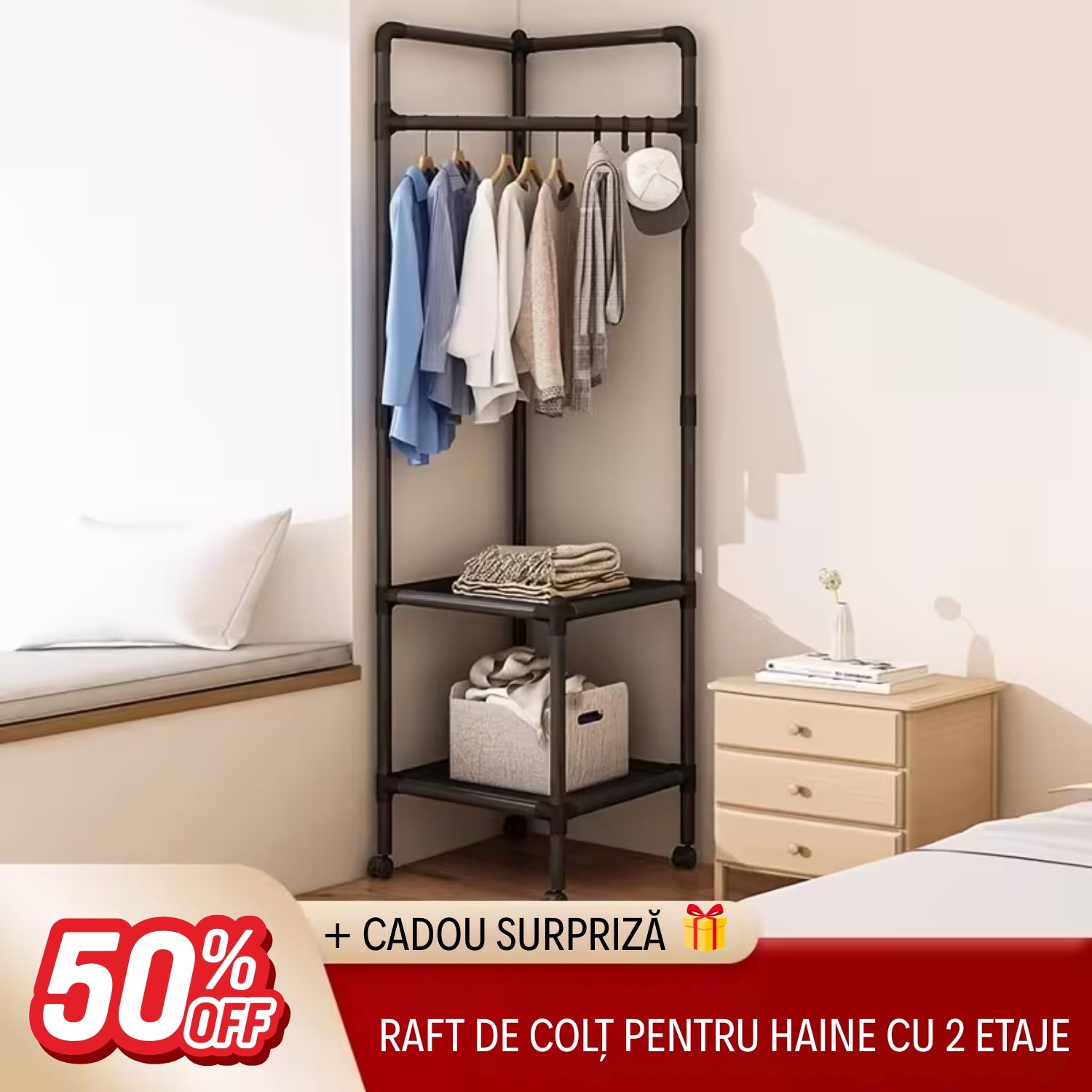 Raft de Colț pentru Haine cu 2 Etaje + CADOU SURPRIZĂ