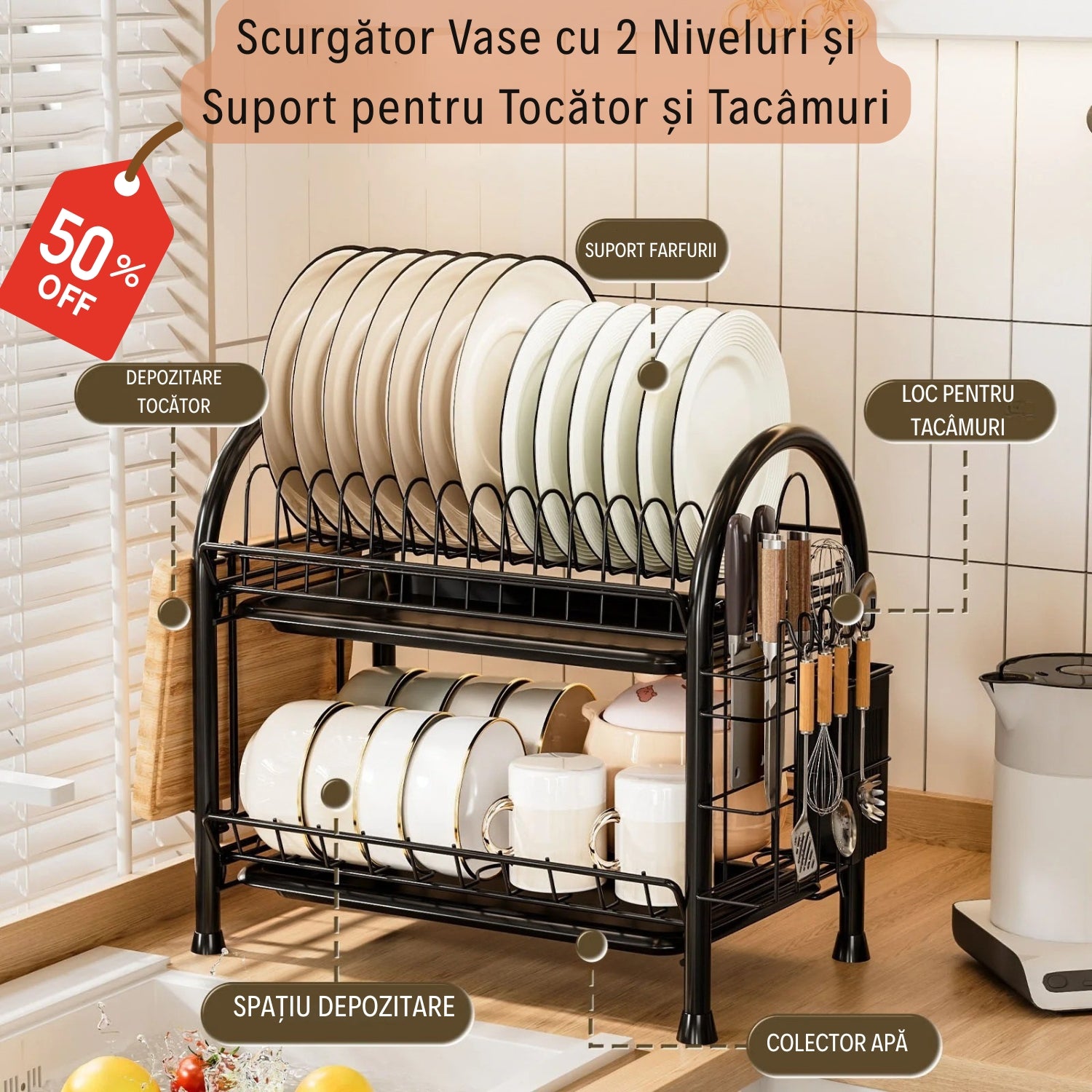 Scurgător Vase cu 2 Niveluri și Suport pentru Tocător și Tacâmuri