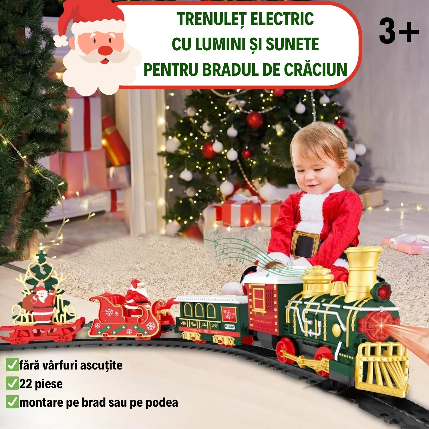 Trenuleț Electric pentru Bradul de Crăciun cu Lumini și Sunet