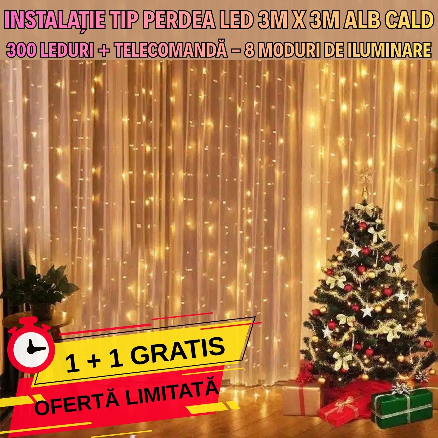 1+1 GRATIS! Instalație tip perdea LED 3M x 3M - ALB CALD, 300 LED-uri, Telecomandă, 8 Moduri de Iluminare
