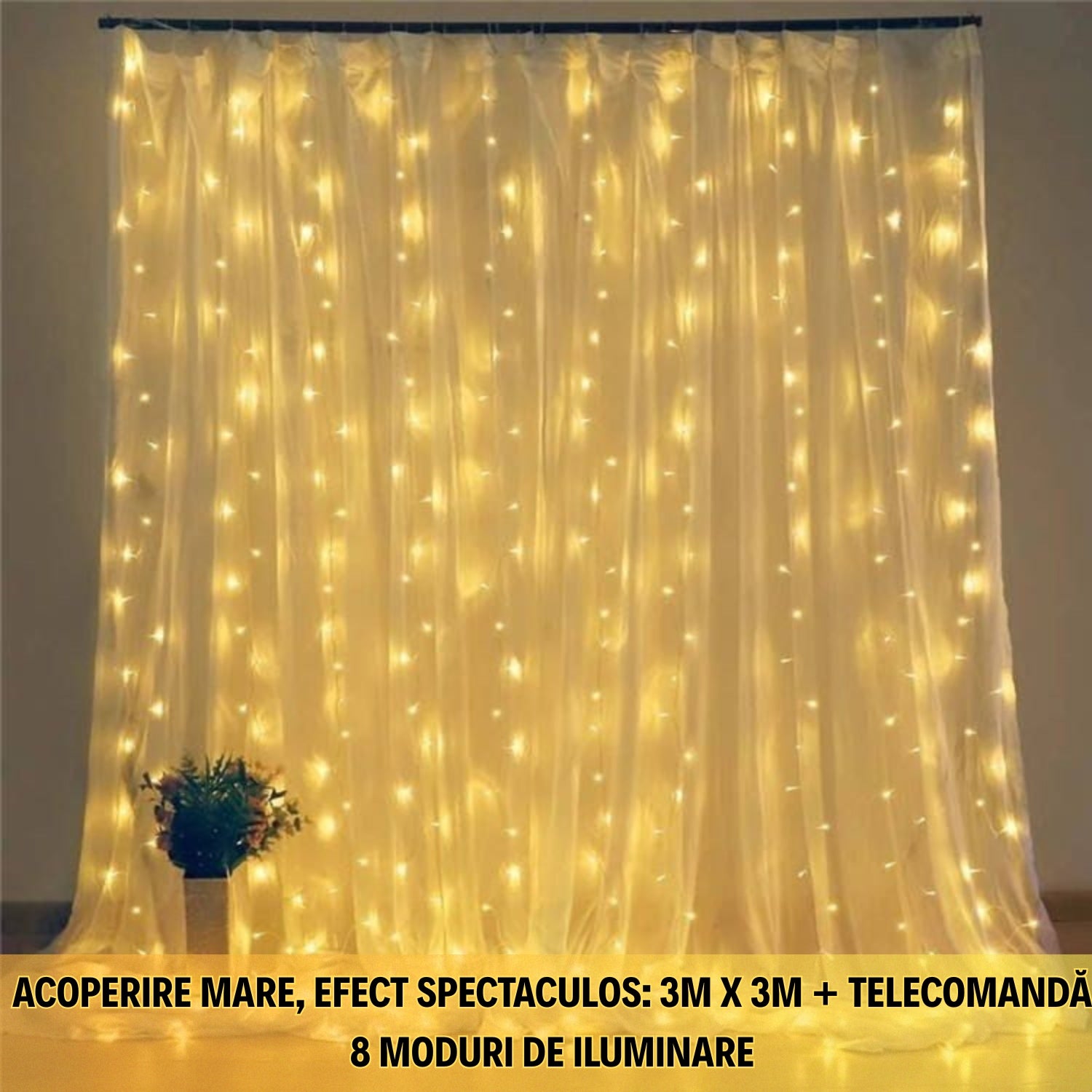 1+1 GRATIS! Instalație tip perdea LED 3M x 3M - ALB CALD, 300 LED-uri, Telecomandă, 8 Moduri de Iluminare