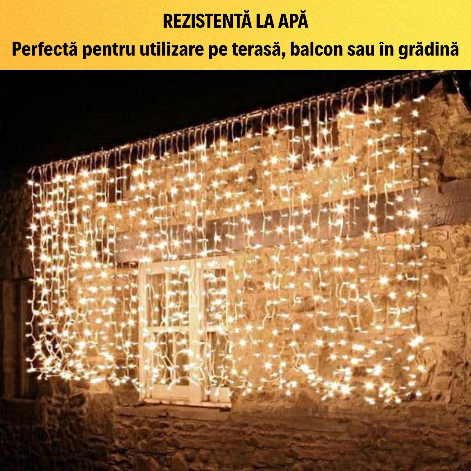 1+1 GRATIS! Instalație tip perdea LED 3M x 3M - ALB CALD, 300 LED-uri, Telecomandă, 8 Moduri de Iluminare