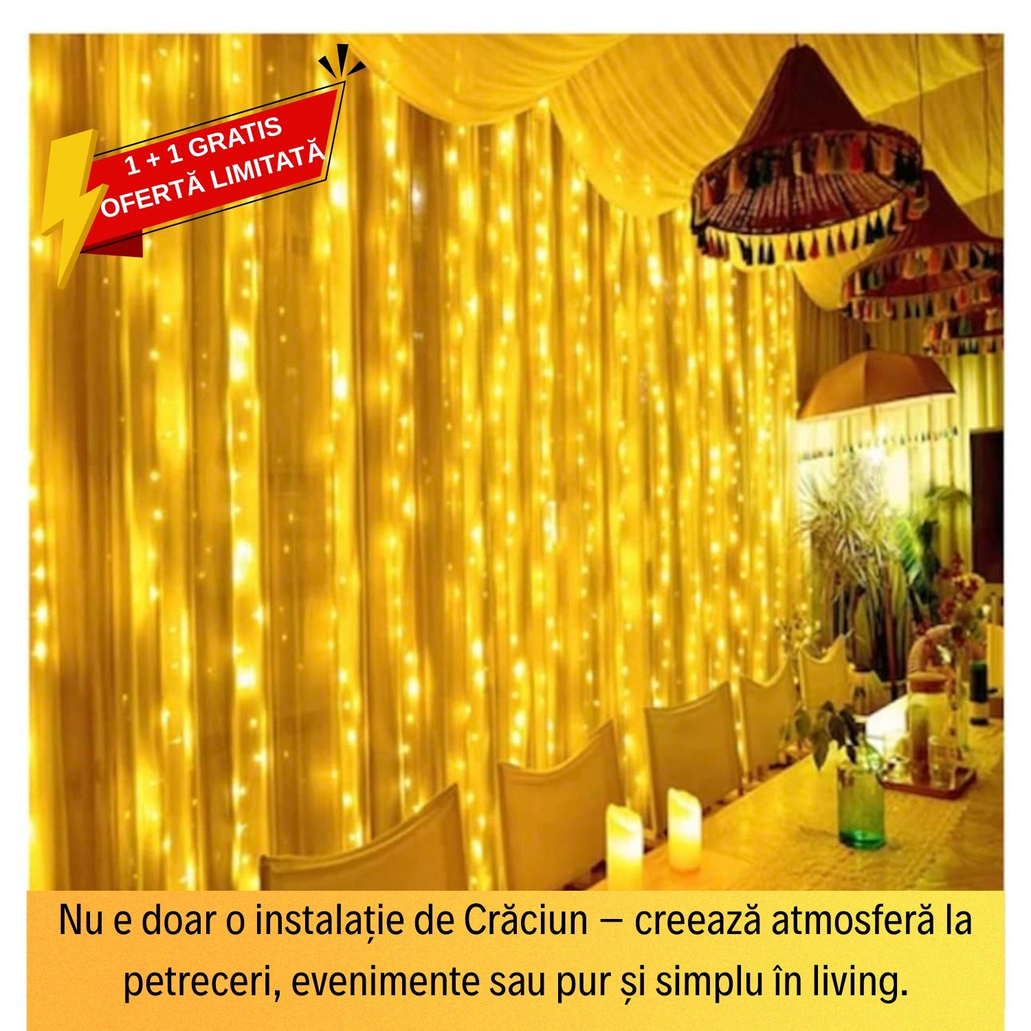 1+1 GRATIS! Instalație tip perdea LED 3M x 3M - ALB CALD, 300 LED-uri, Telecomandă, 8 Moduri de Iluminare