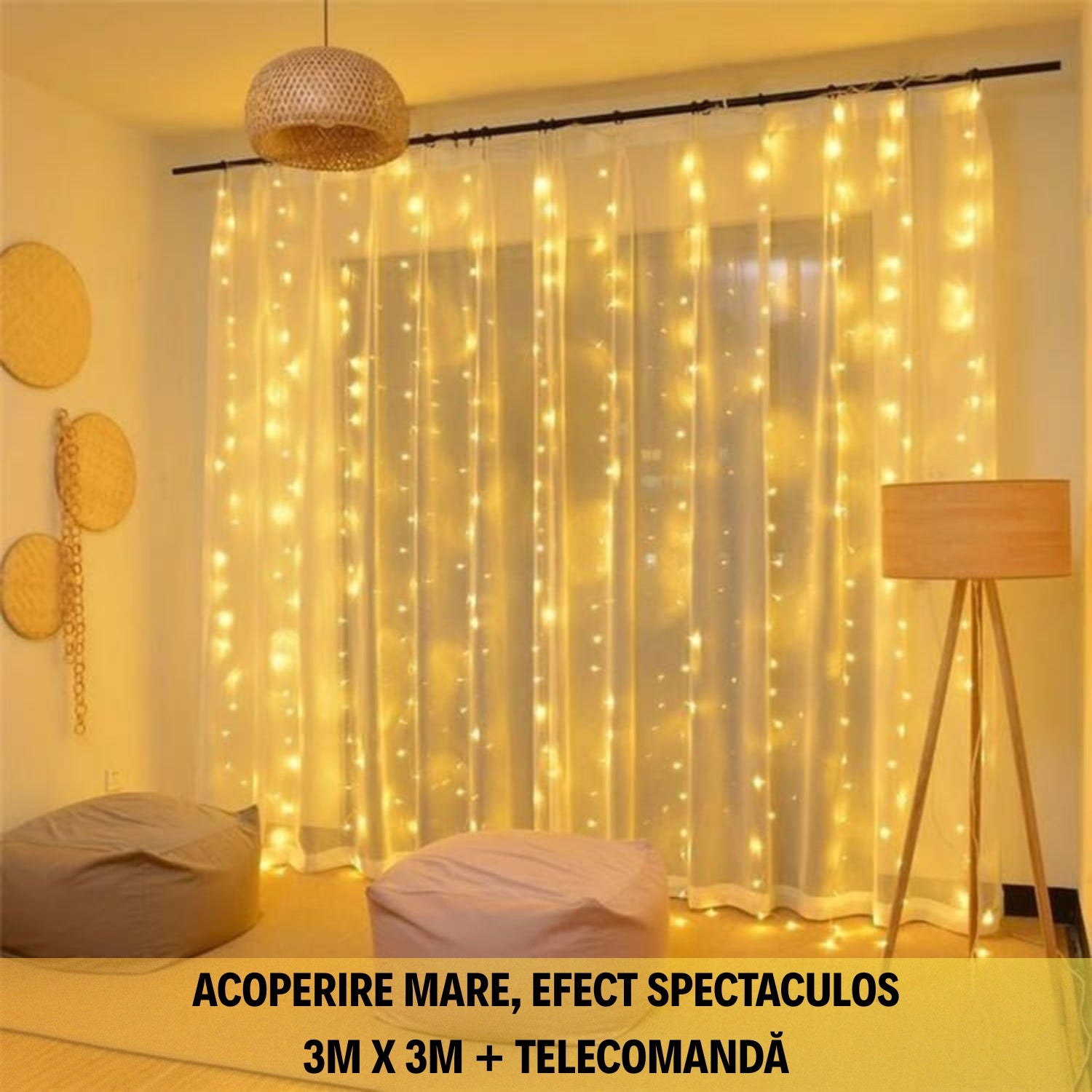 1+1 GRATIS! Instalație tip perdea LED 3M x 3M - ALB CALD, 300 LED-uri, Telecomandă, 8 Moduri de Iluminare