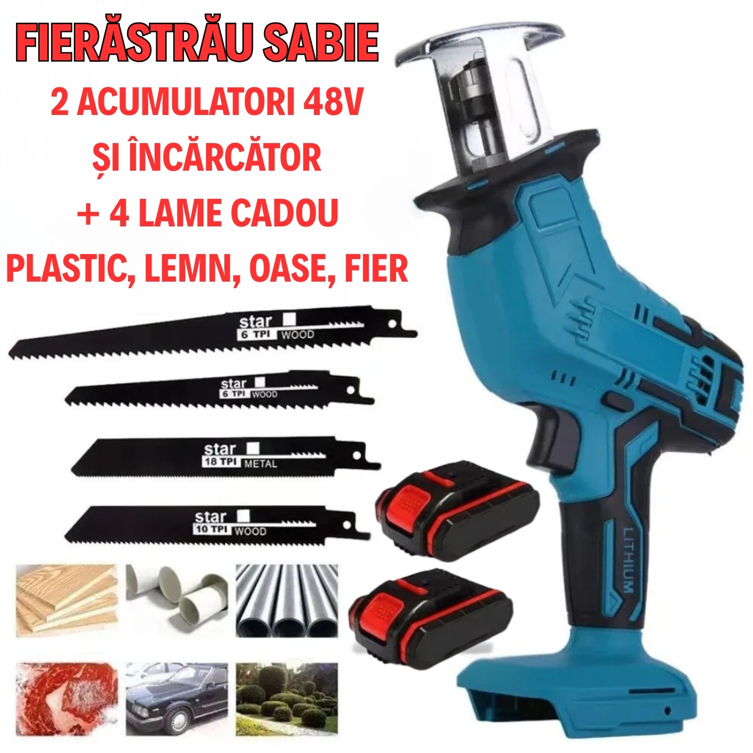 Fierăstrău Sabie cu 2 Acumulatori 48V și Încărcător + 4 Lame CADOU OKBOONS
