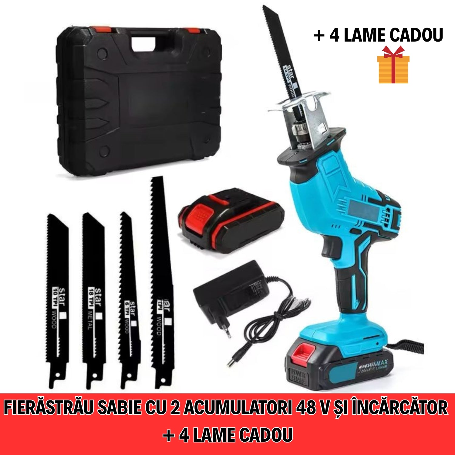 Fierăstrău Sabie cu 2 Acumulatori 48V și Încărcător + 4 Lame CADOU OKBOONS