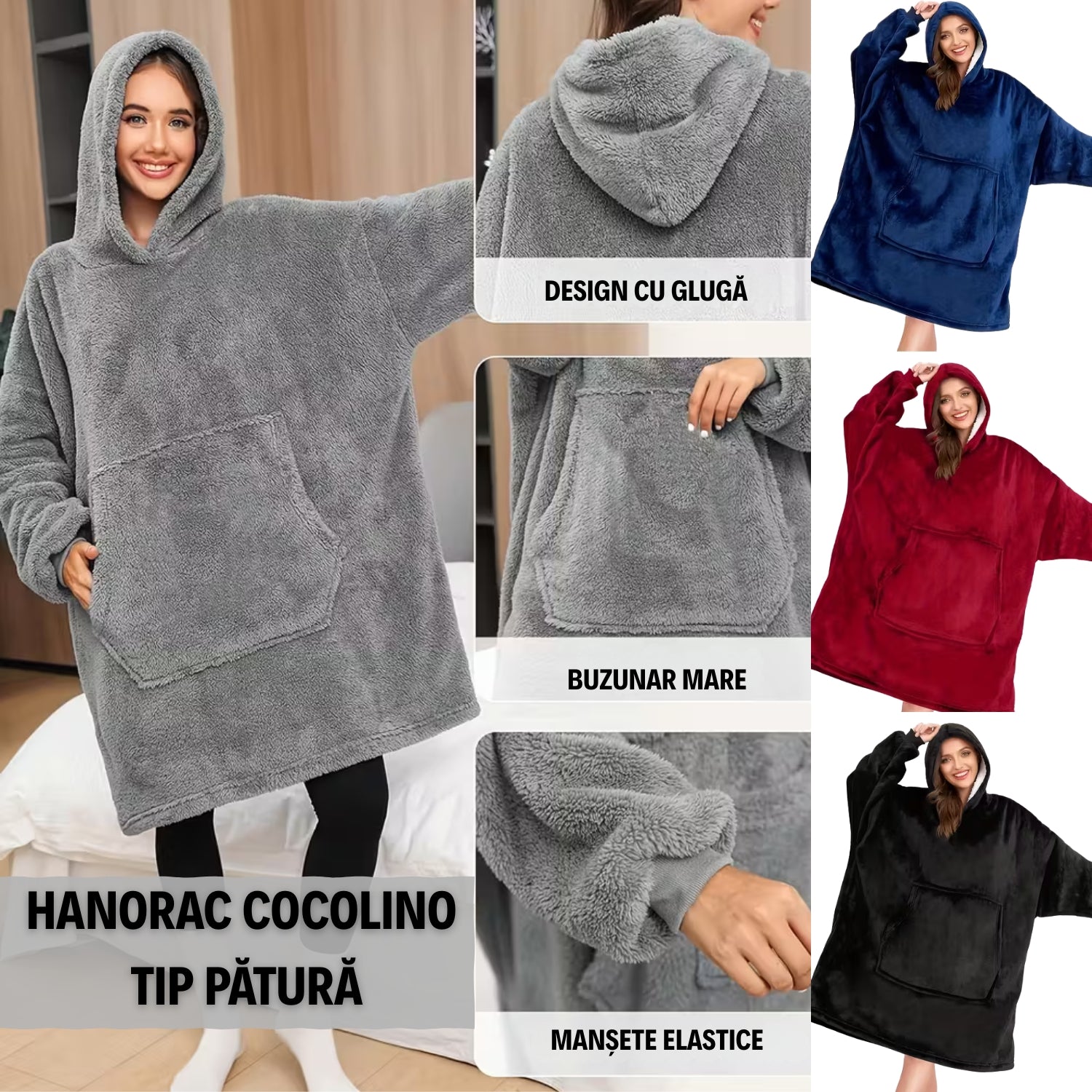 Hanorac Cocolino Tip Pătură - Mărime Universală, GRI/ROȘU/NEGRU/ALBASTRU