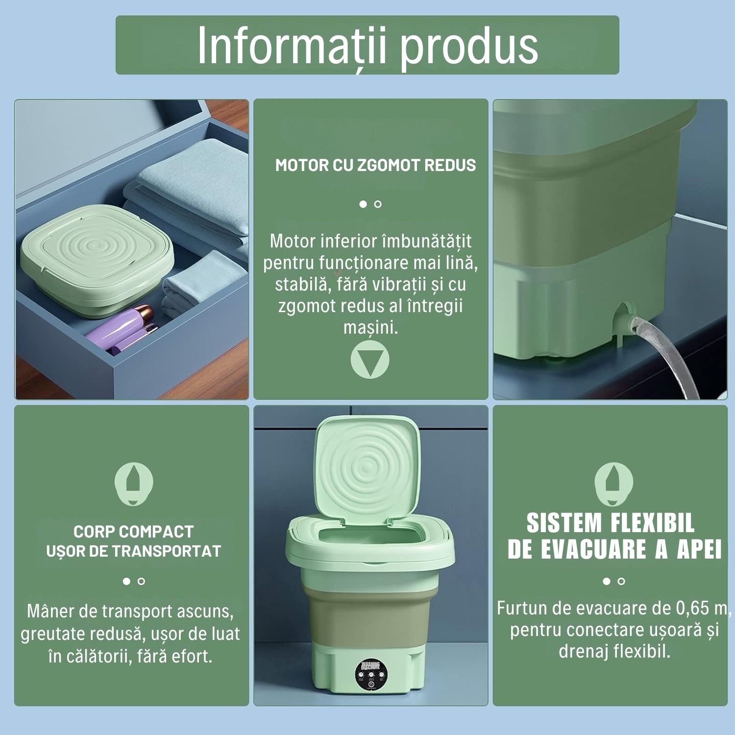 Mini Mașină de Spălat Portabilă 6.5 L cu Funcție de Uscare - Pliabilă, Practică și Ușor de folosit