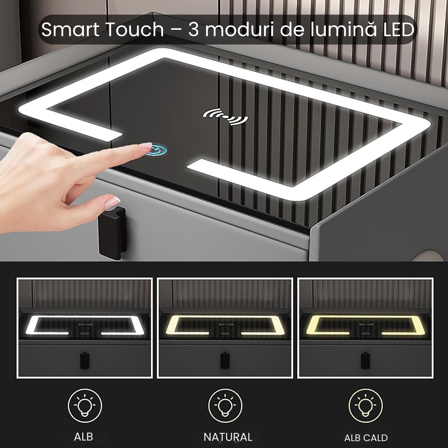 Noptieră Inteligentă Premium cu Lumini LED, Boxă Bluetooth și Încărcare Wireless/USB/Type C și Încuietoare cu Amprentă