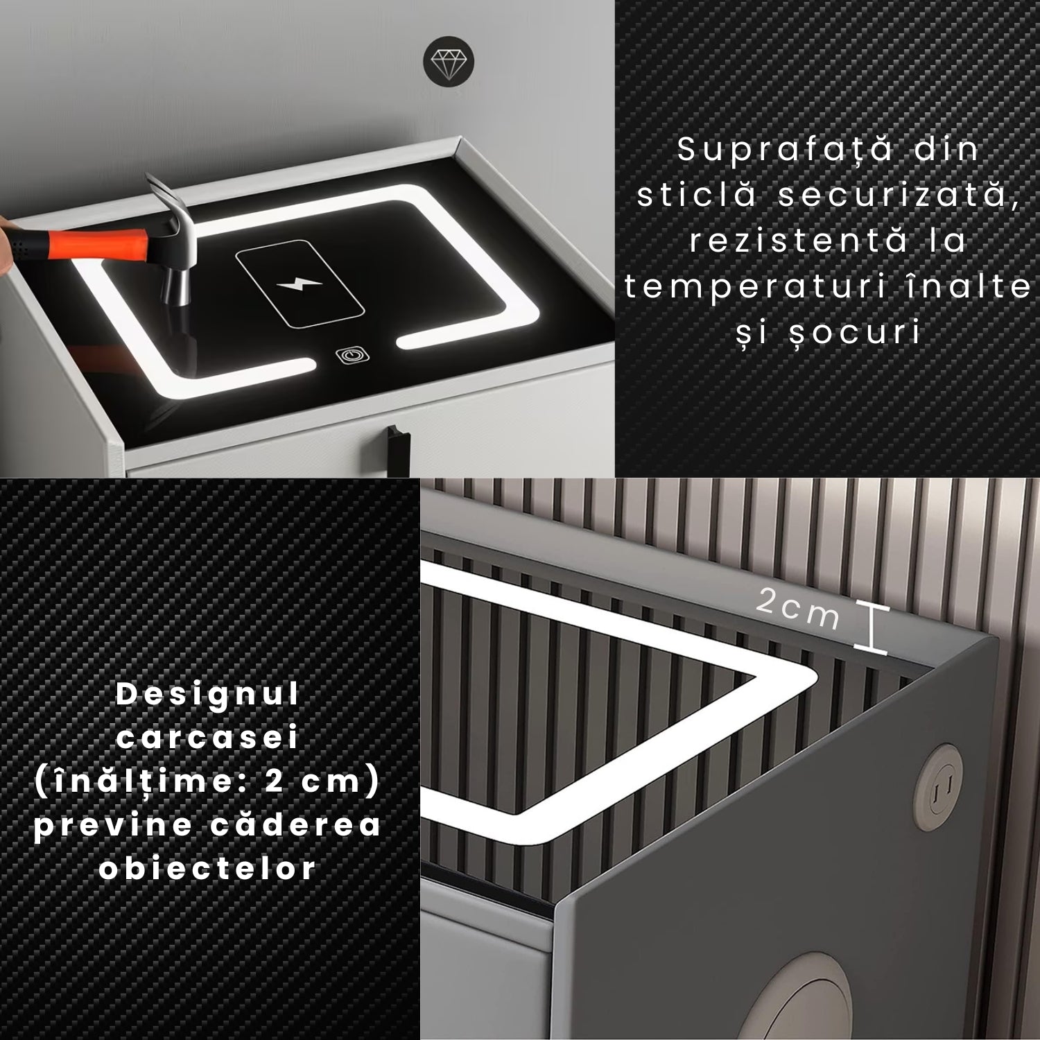 Noptieră Inteligentă Premium cu Lumini LED, Boxă Bluetooth și Încărcare Wireless/USB/Type C și Încuietoare cu Amprentă