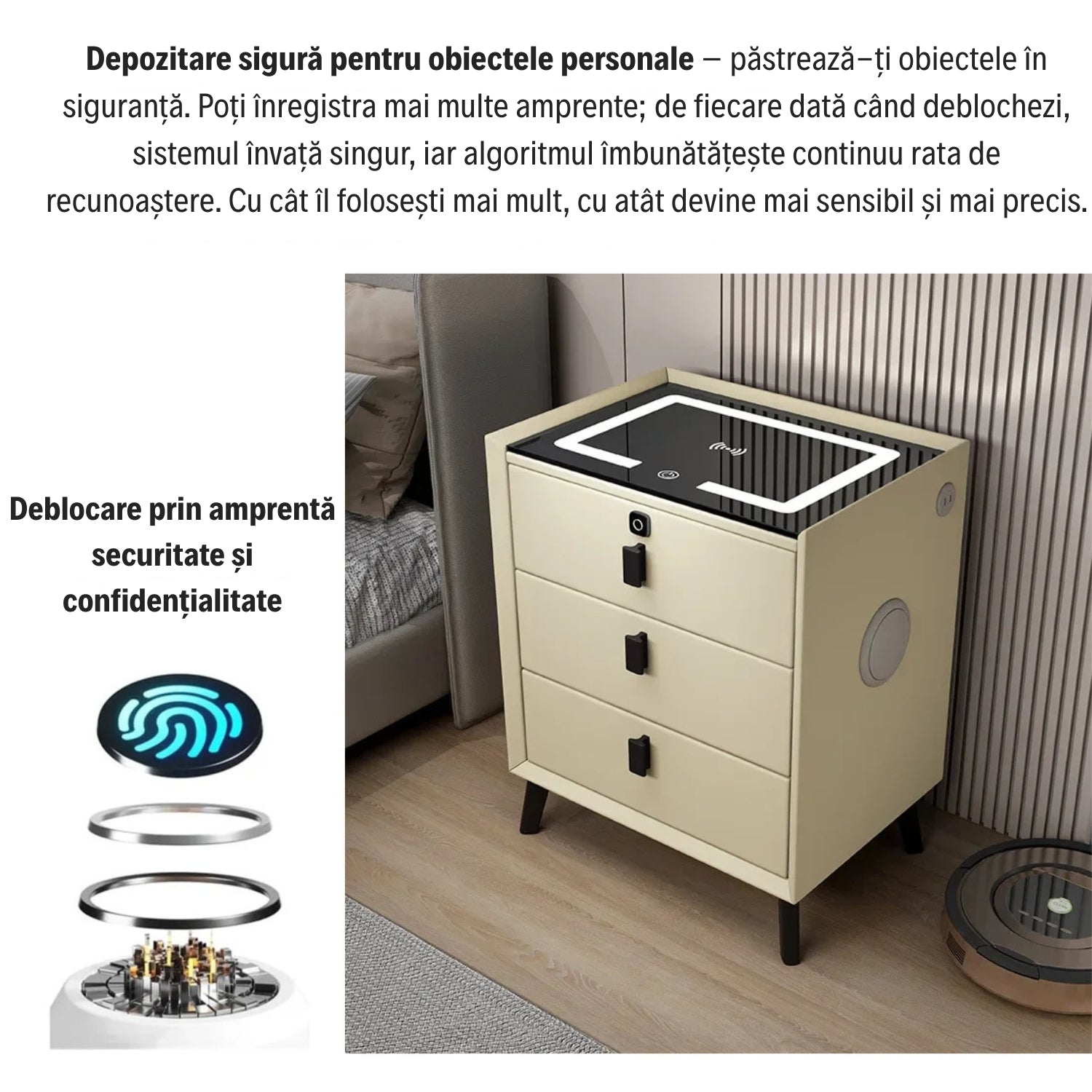 Noptieră Inteligentă Premium cu Lumini LED, Boxă Bluetooth și Încărcare Wireless/USB/Type C și Încuietoare cu Amprentă