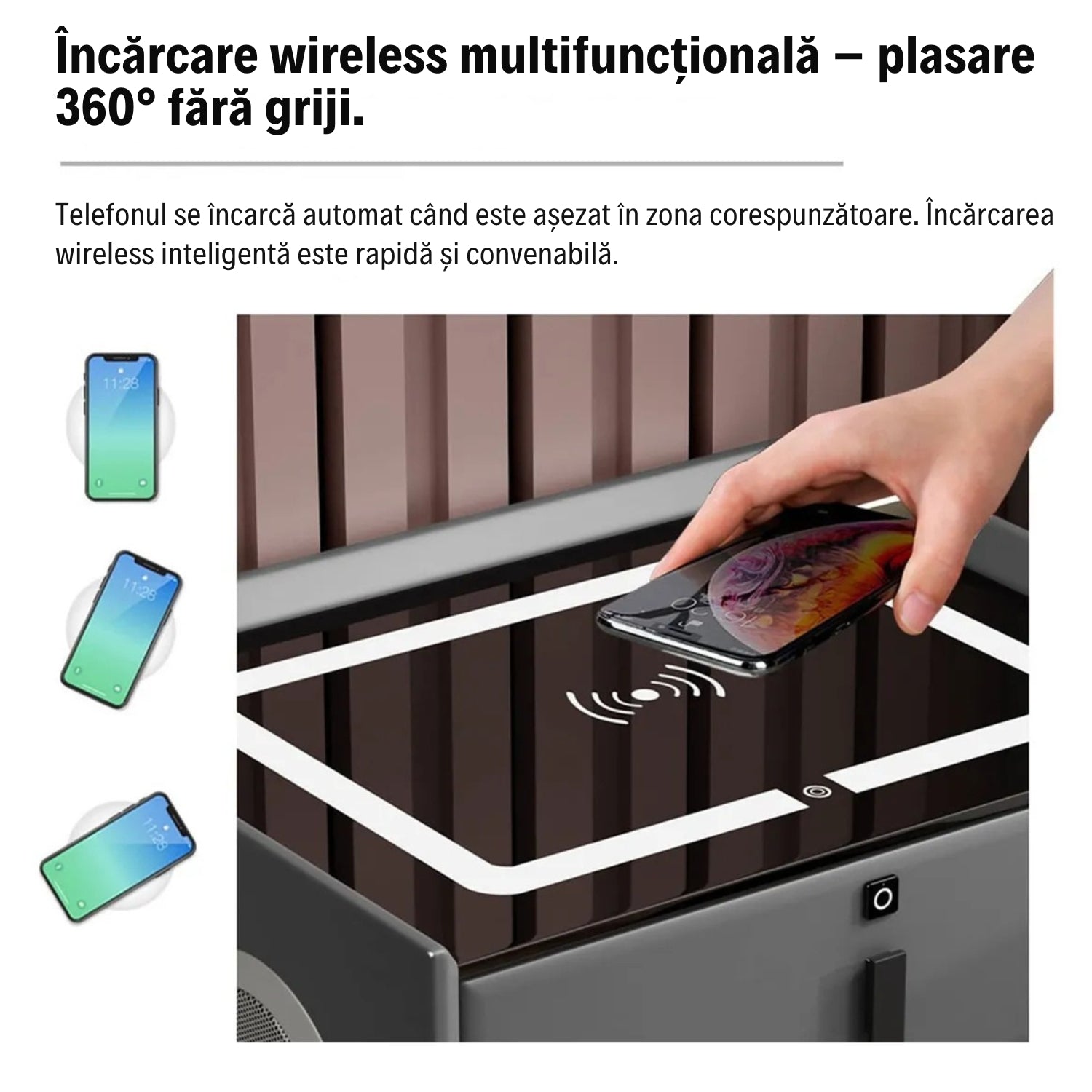 Noptieră Inteligentă Premium cu Lumini LED, Boxă Bluetooth și Încărcare Wireless/USB/Type C și Încuietoare cu Amprentă