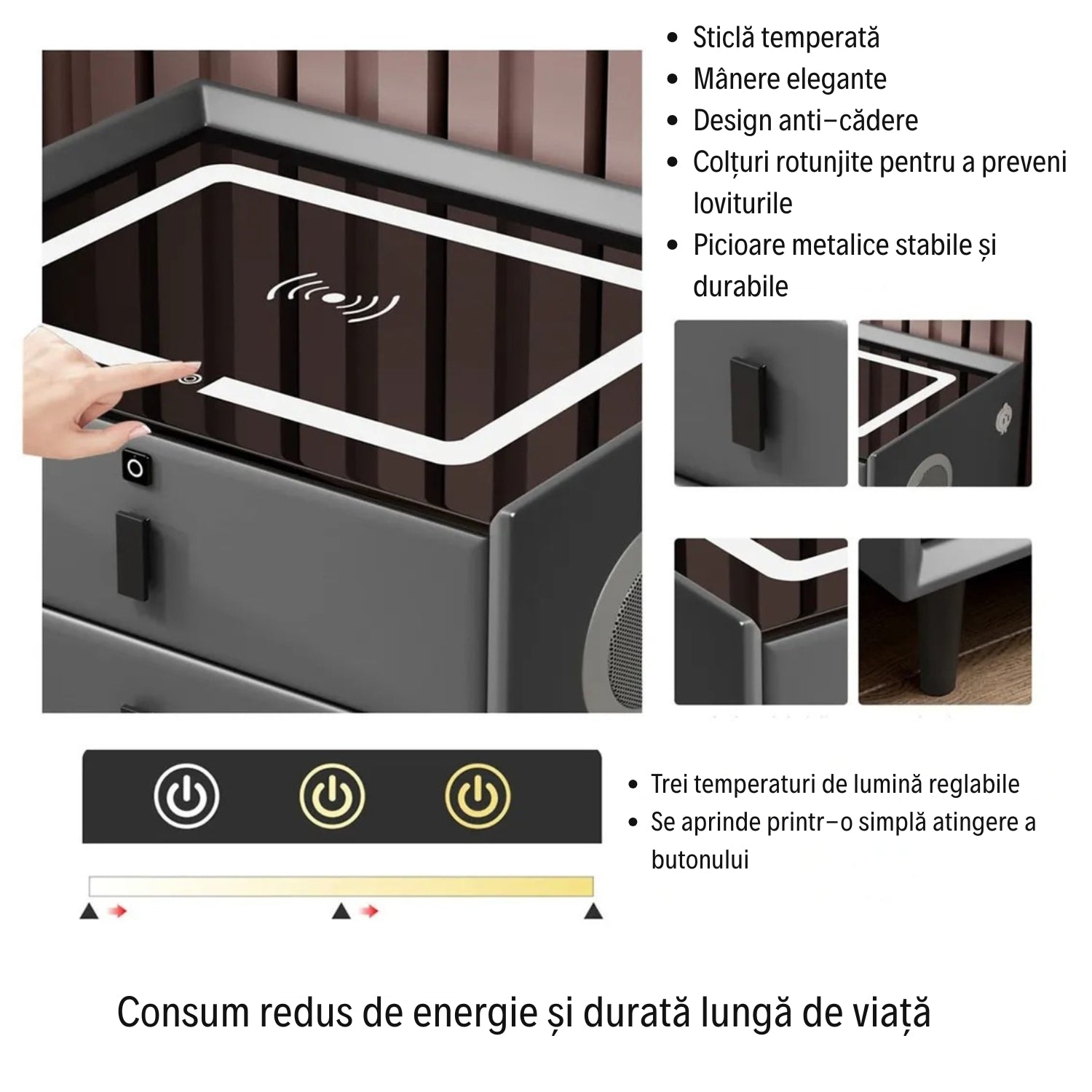 Noptieră Inteligentă Premium cu Lumini LED, Boxă Bluetooth și Încărcare Wireless/USB/Type C și Încuietoare cu Amprentă