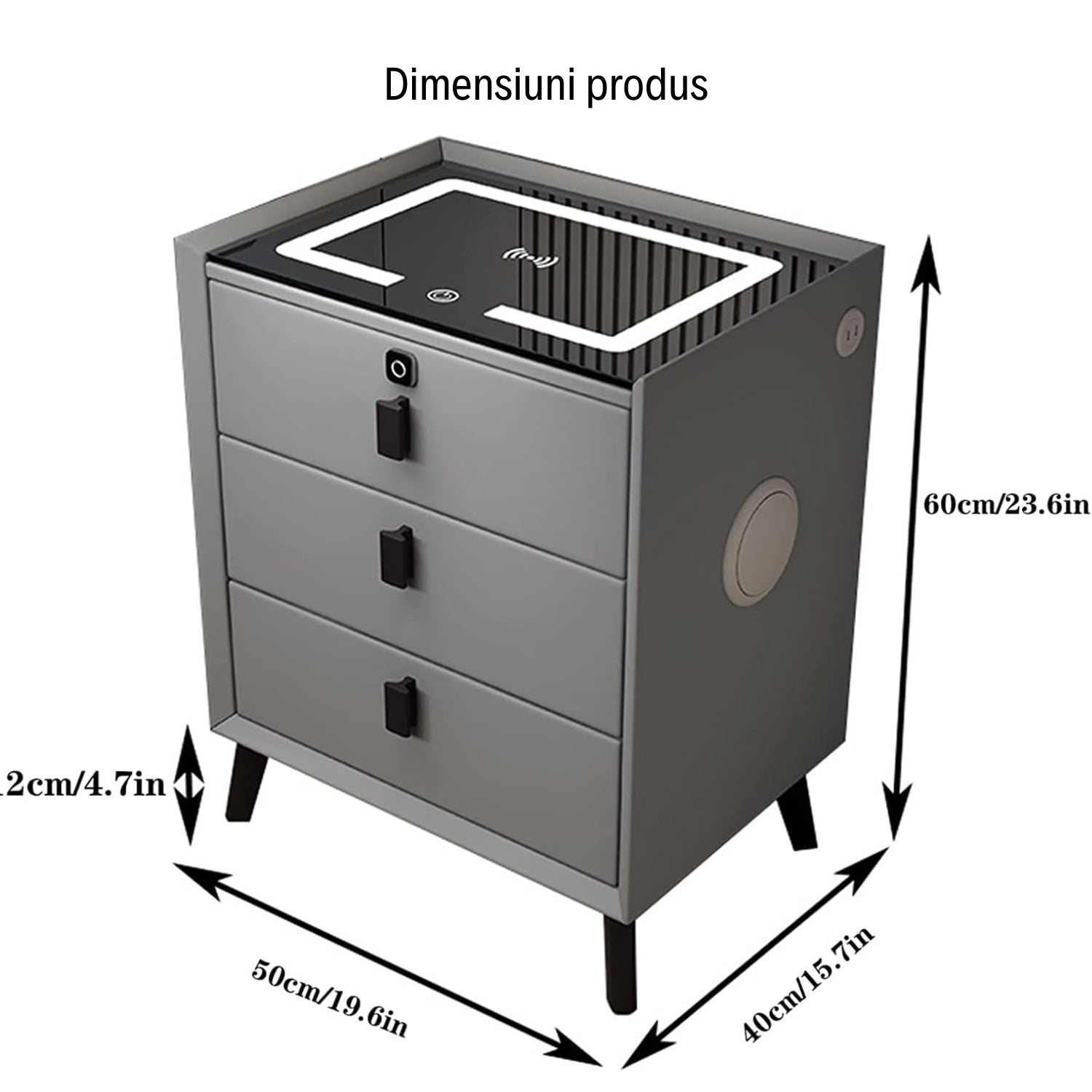 Noptieră Inteligentă Premium cu Lumini LED, Boxă Bluetooth și Încărcare Wireless/USB/Type C și Încuietoare cu Amprentă