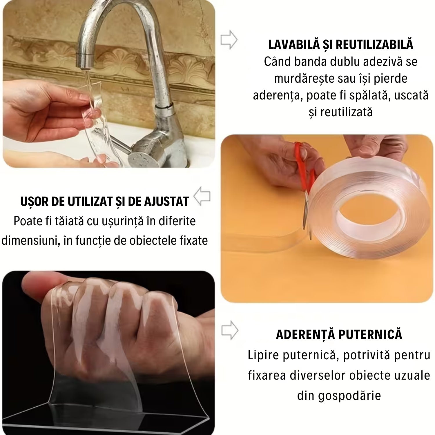 1+1 GRATIS! Bandă Dublu Adezivă 3M - Silicon transparent, Super aderentă și Reutilizabilă