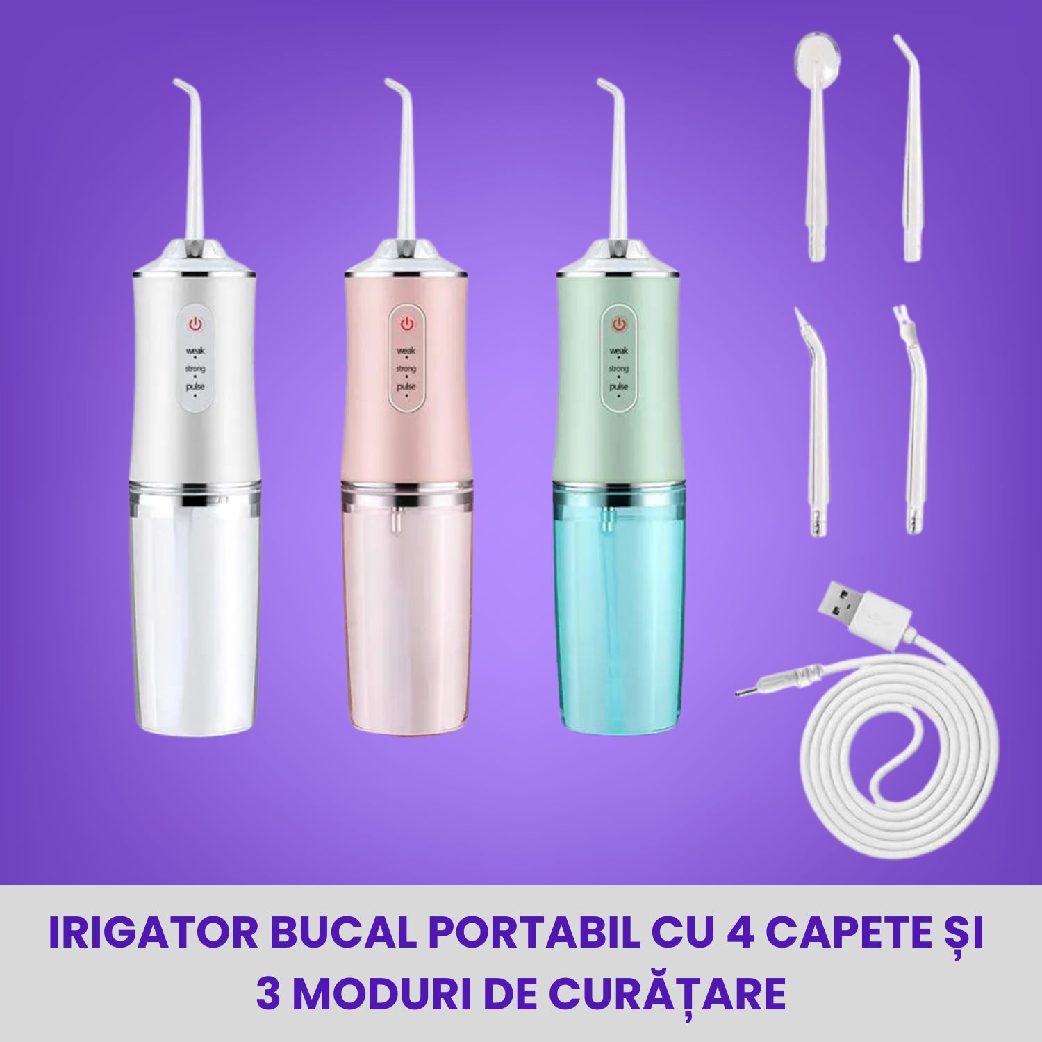 Irigator Bucal Portabil cu 4 Capete și 3 Moduri de Curățare